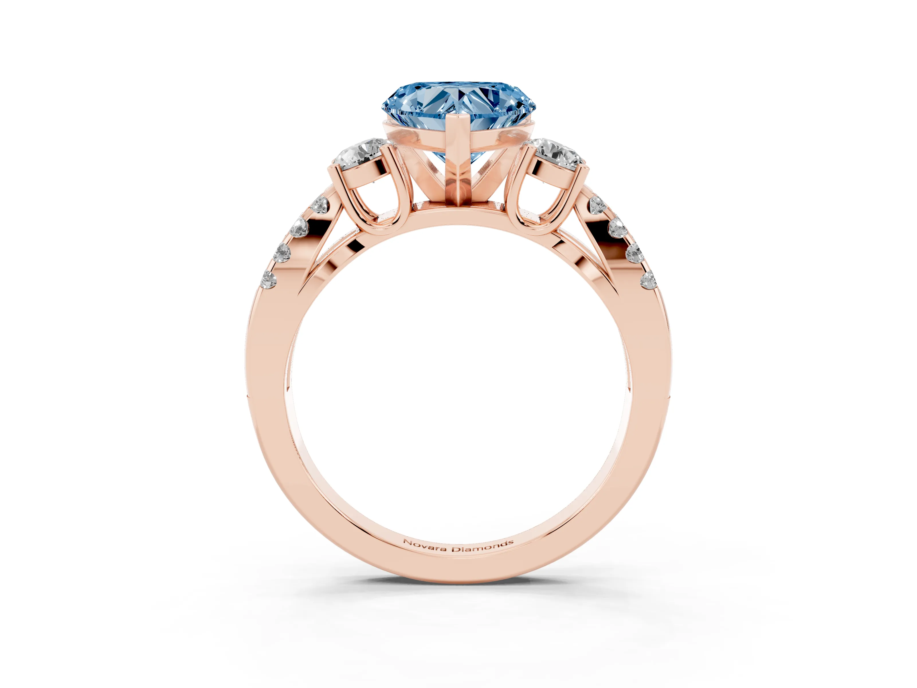 Fancy Blue Heart Cut Diamond Three-Stone Ring Set in Rose gold with Pavé Split Shank and Prong Setting