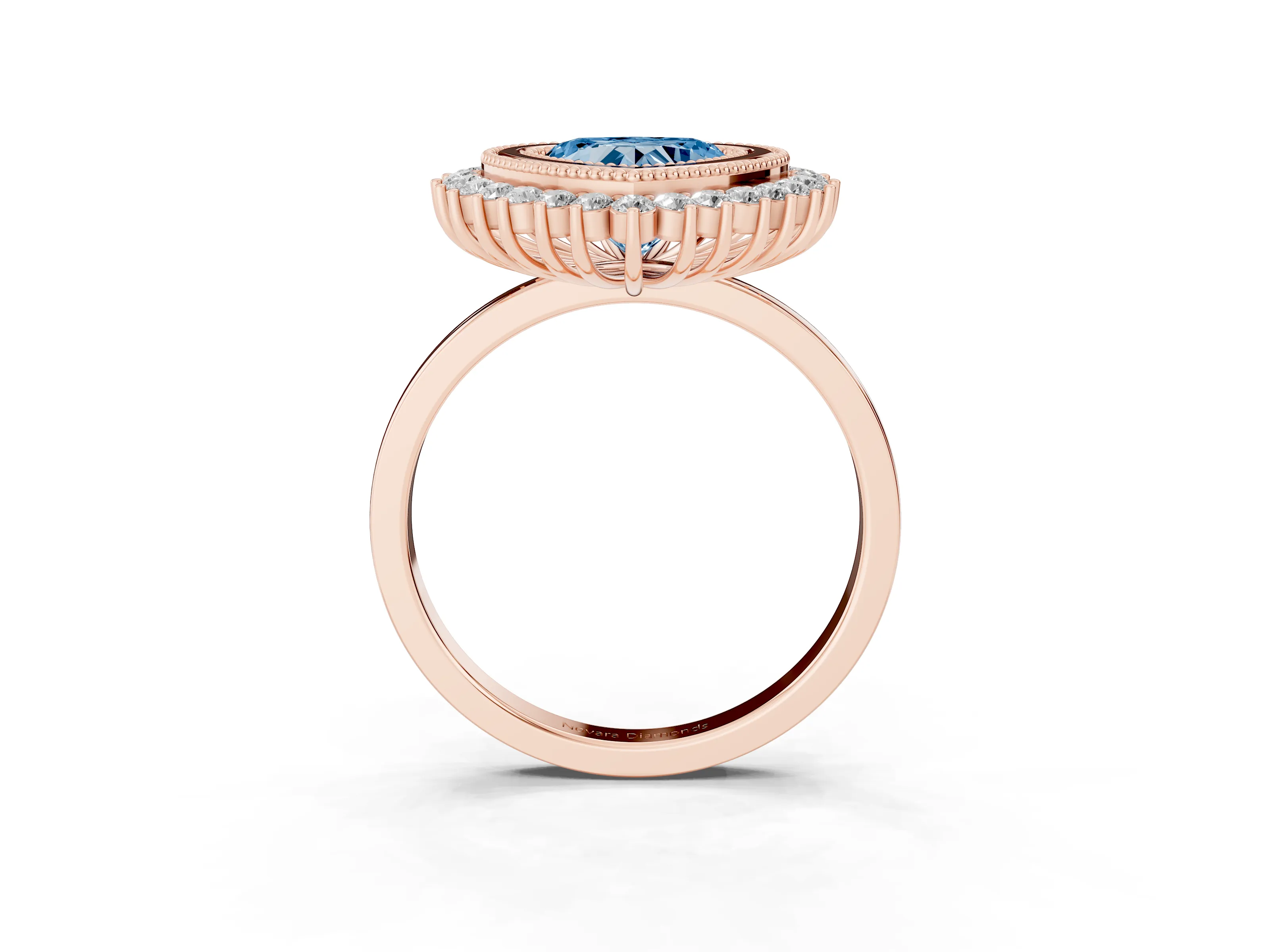 Fancy Blue Heart Cut Diamond Halo Ring Set in Rose gold with Milgrain Edge and Round Prong Setting