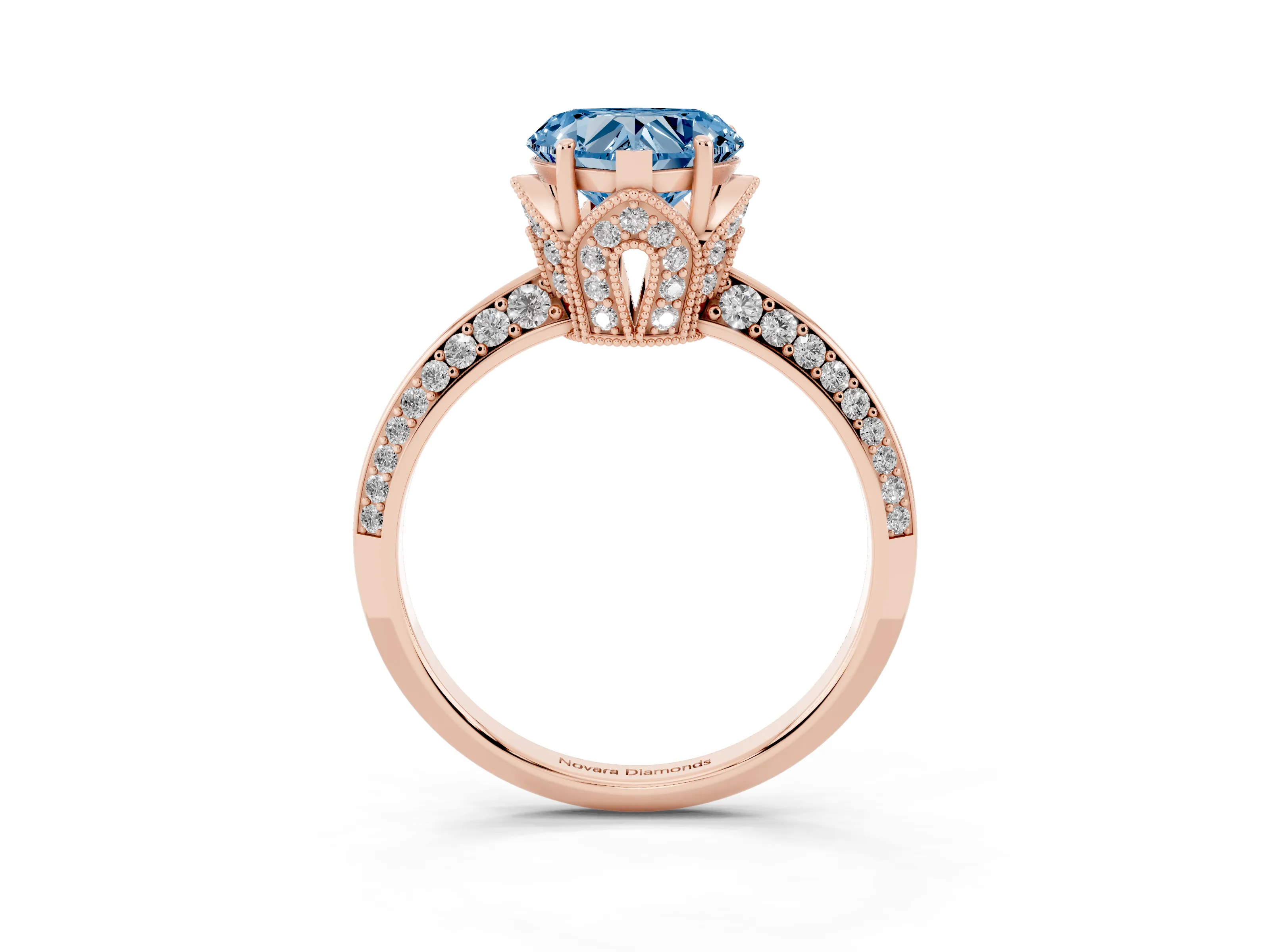 Fancy Blue Heart Cut Diamond Solitaire Engagement Ring Set in Rose gold with Pavé Split Shank and Prong Setting