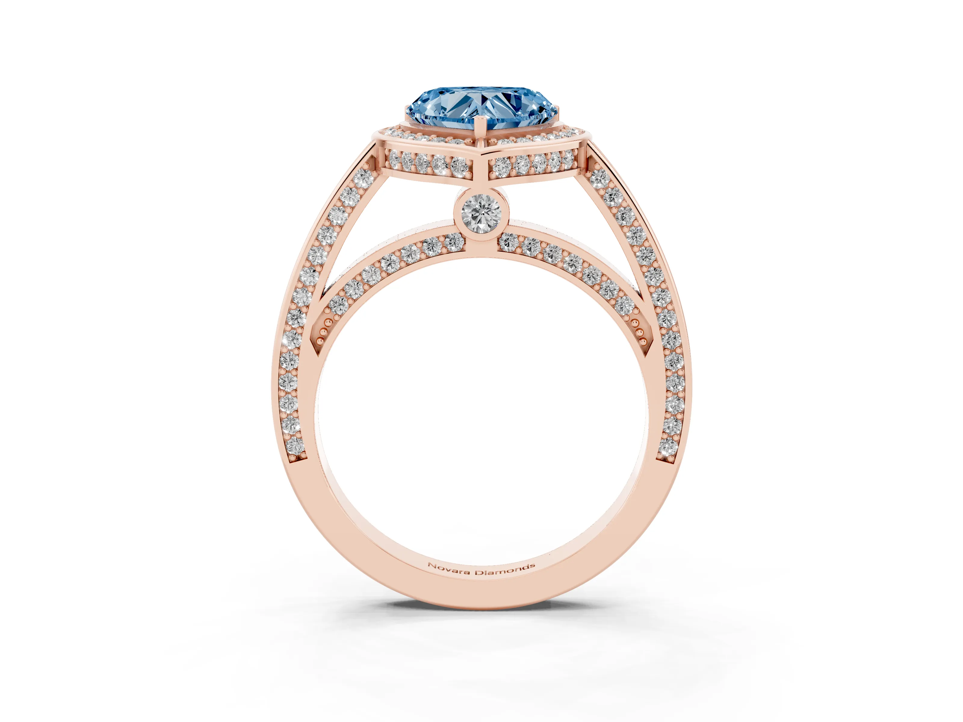 Fancy Blue Heart Cut Diamond Halo Pavé Split Shank Ring Set in Rose gold with Prong Setting