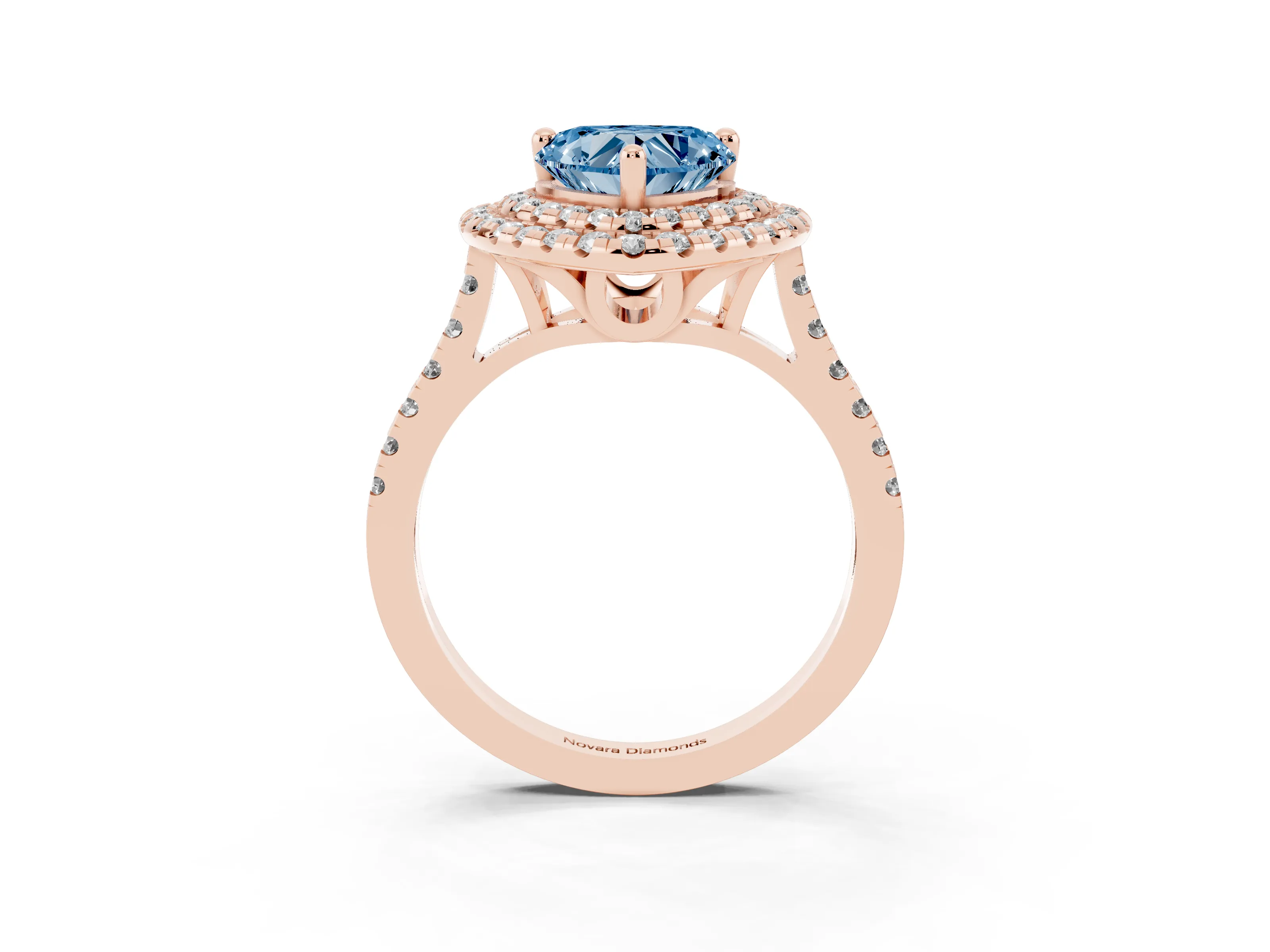 Fancy Blue Heart Cut Diamond Double Halo Statement Ring Set in Rose gold with Pavé Band