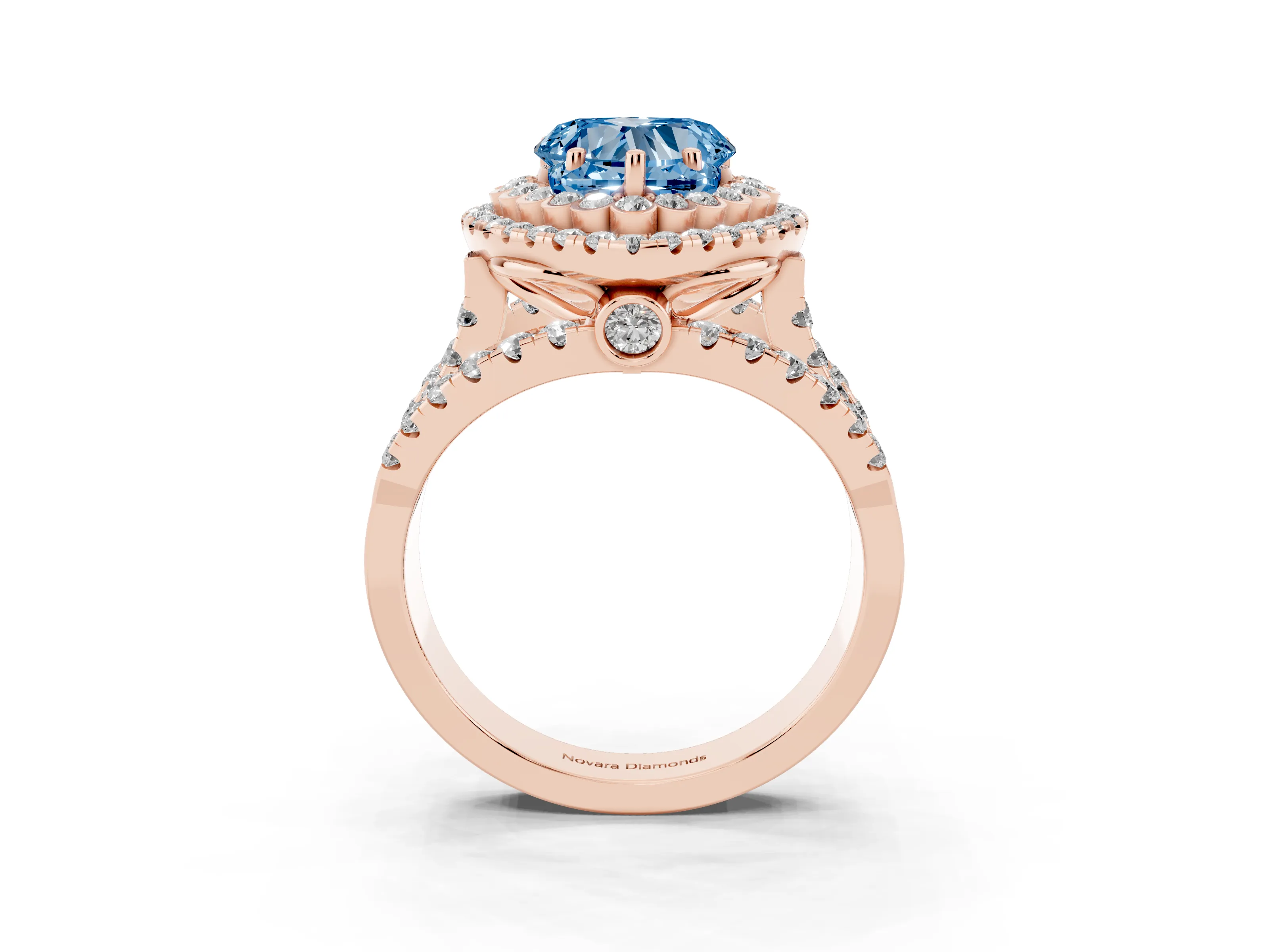 Fancy Blue Heart Cut Diamond Double Halo Ring Set in Rose gold with Round Pavé Split Shank