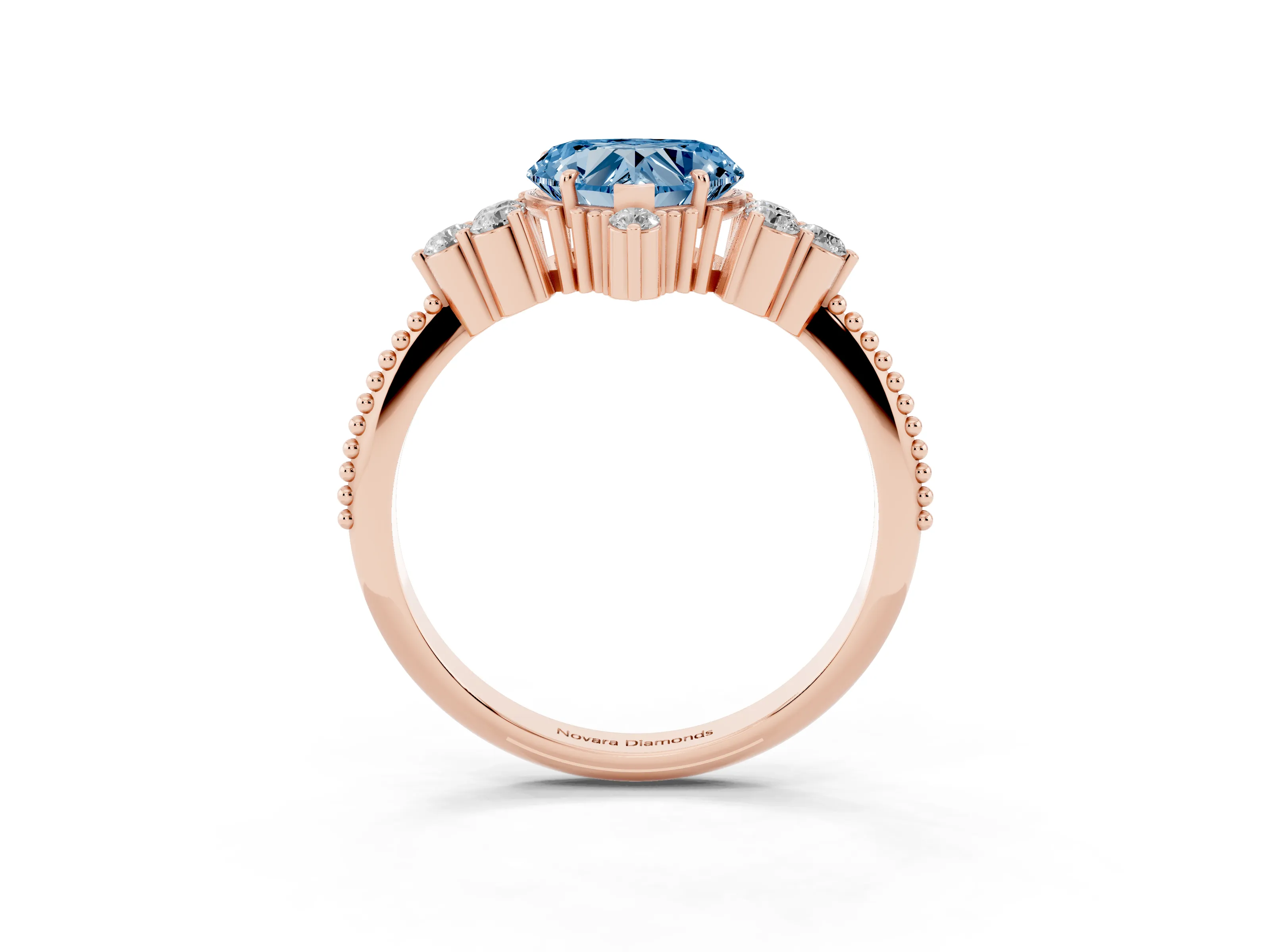 Fancy Blue Heart Cut Diamond Cluster Ring Set in Rose gold with Beaded Band