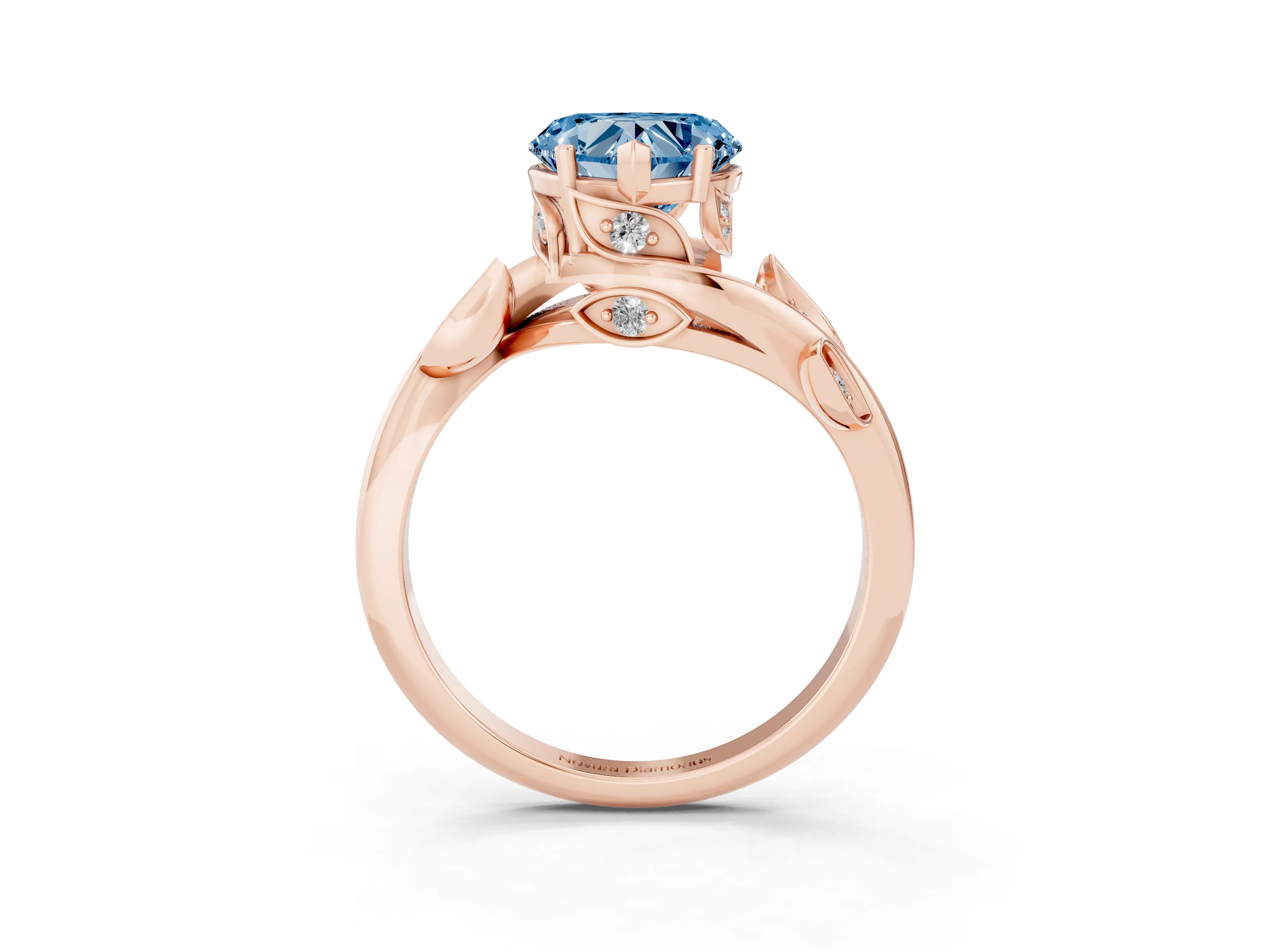 Fancy Blue Heart Cut Diamond Solitaire Twist Engagement Ring Set in Rose gold with Pavé Leaf Accents