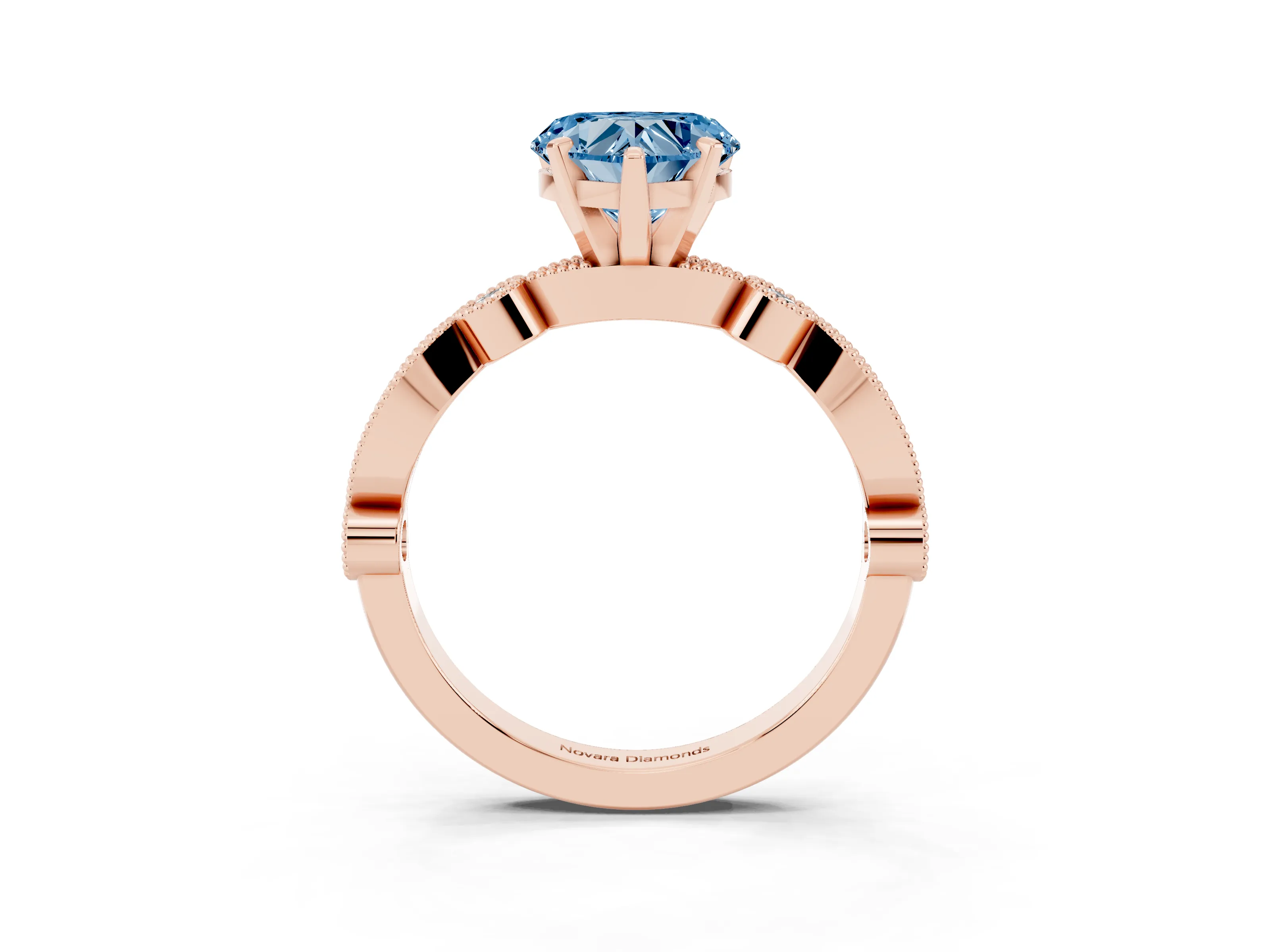 Fancy Blue Heart Cut Diamond Solitaire Engagement Ring Set in Rose gold with Milgrain Bezel Accent Band