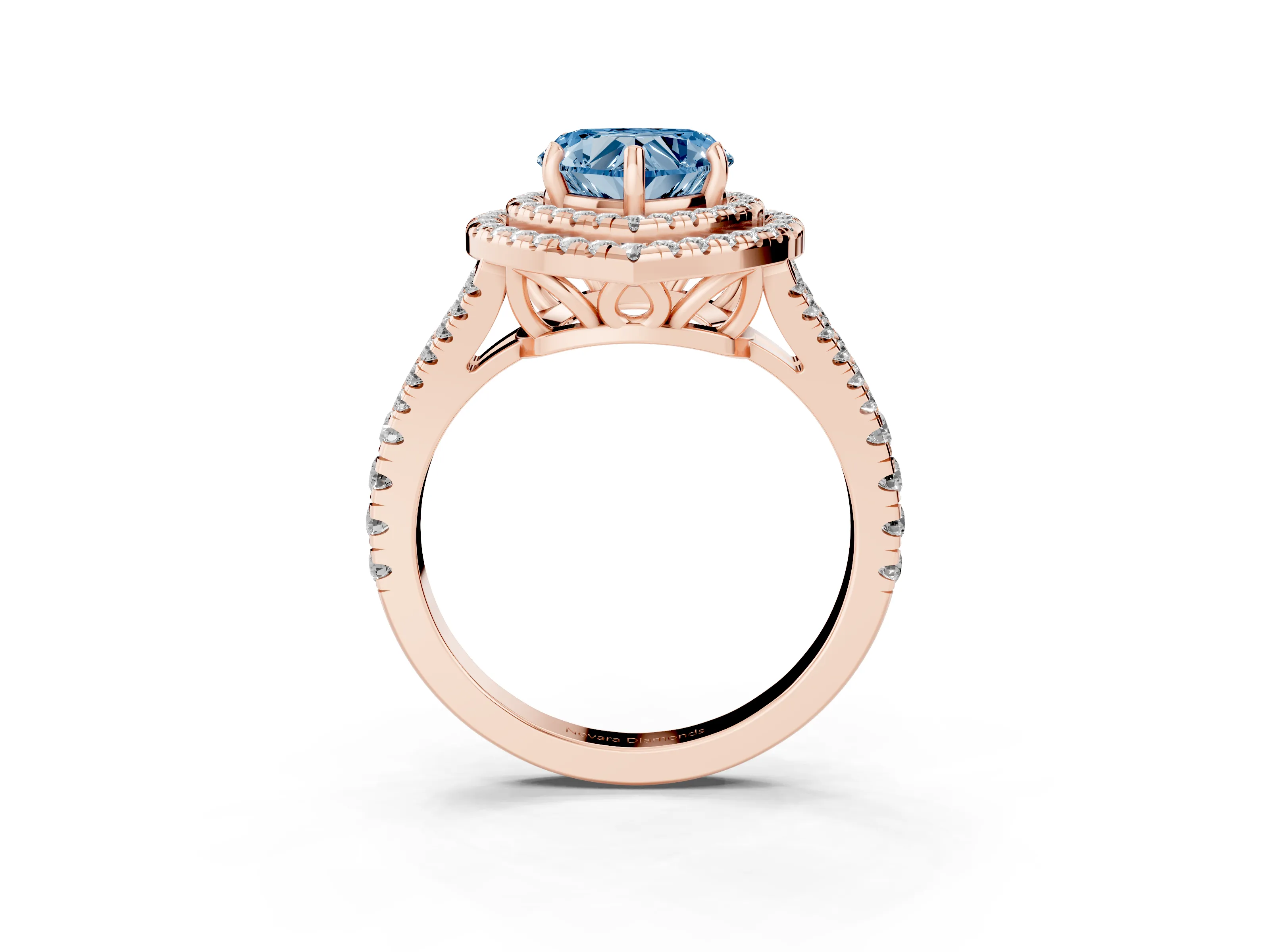 Fancy Blue Heart Cut Diamond Double Halo Ring Set in Rose gold with Pavé Band