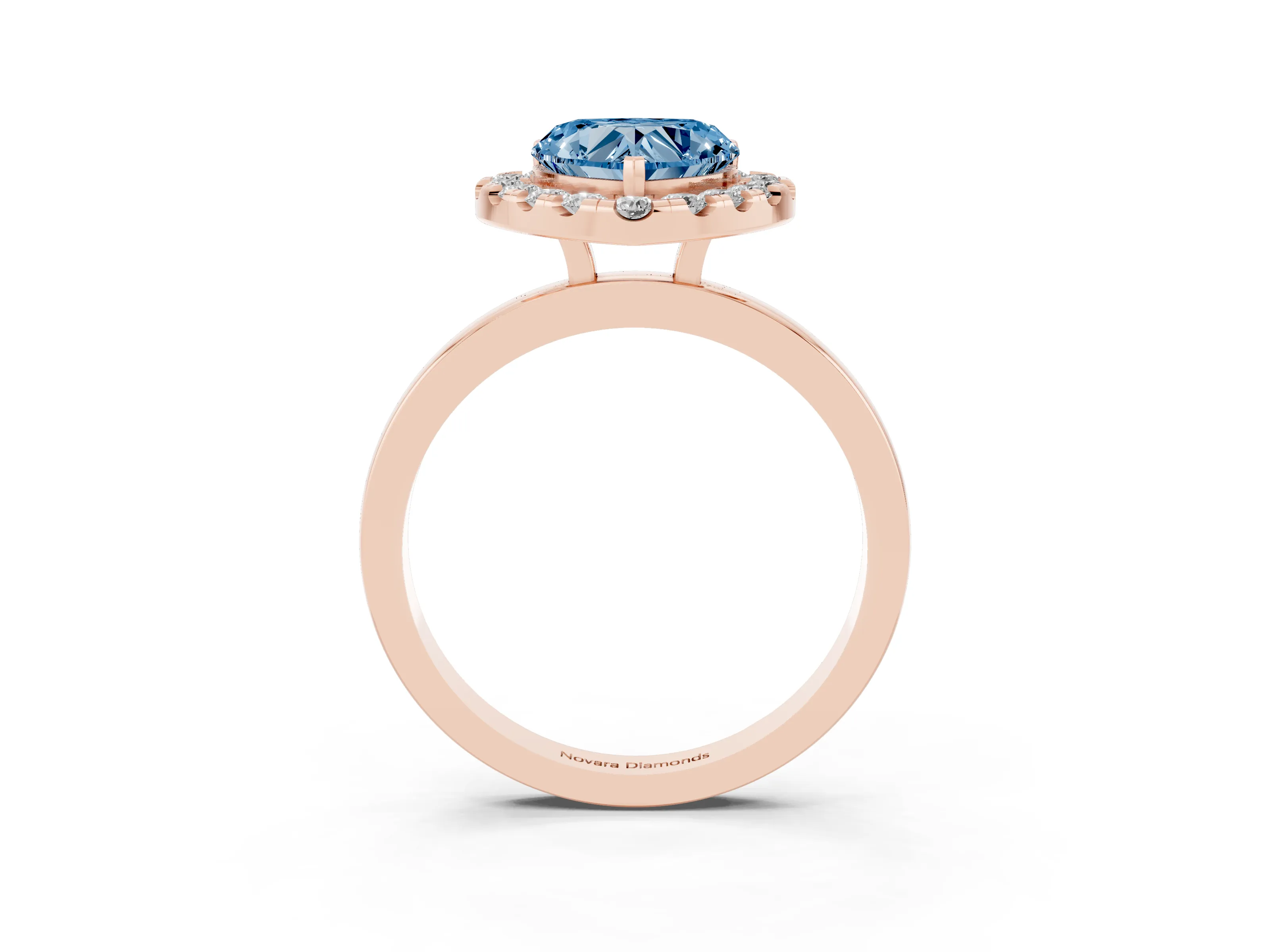 Fancy Blue Heart Cut Diamond Halo Solitaire Ring Set in Rose gold with Pavé Band and Prong Setting