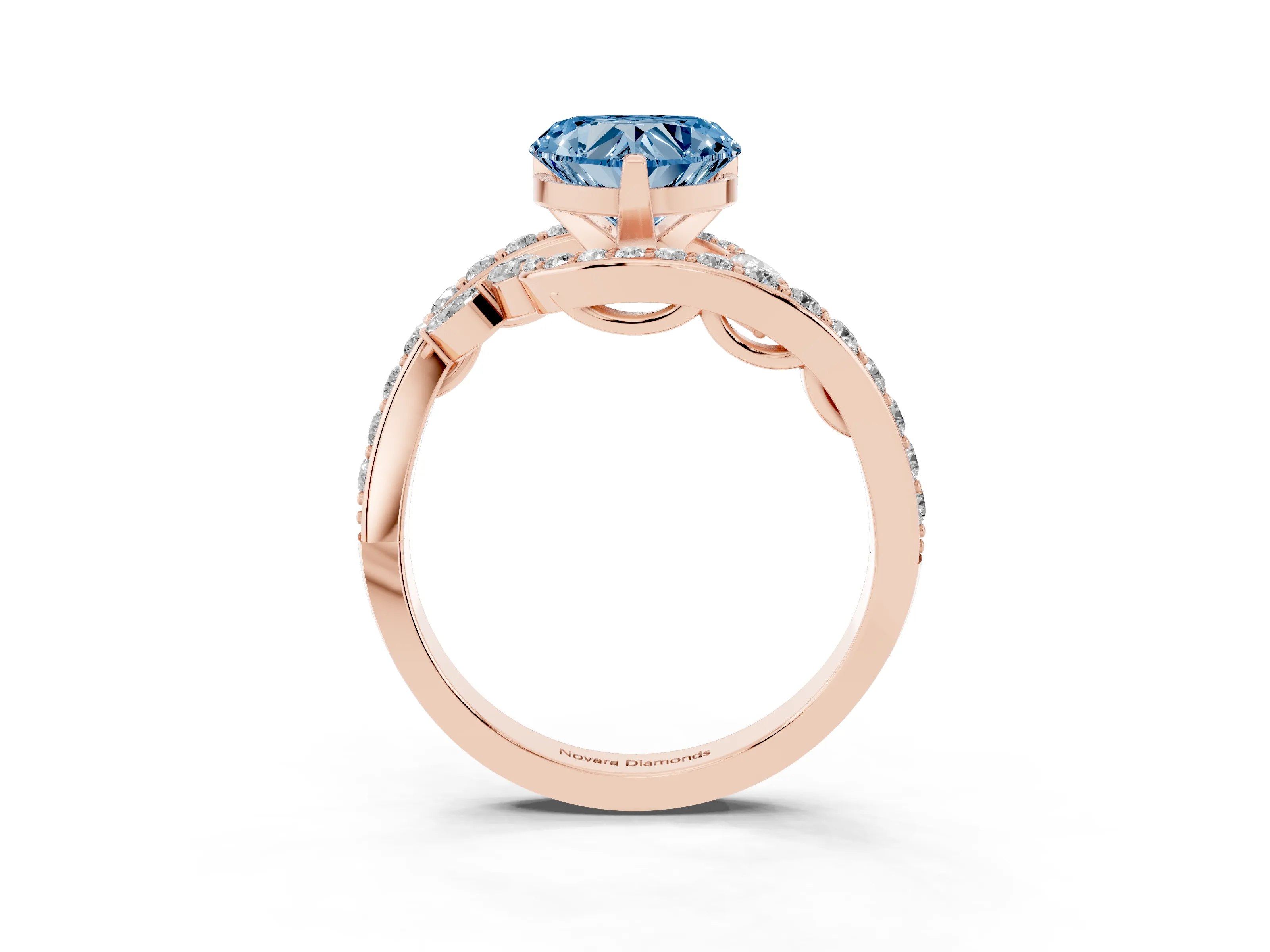 Fancy Blue Heart Cut Diamond Solitaire Ring Set in Rose gold with Pavé Twist Band and Secure Prong Setting