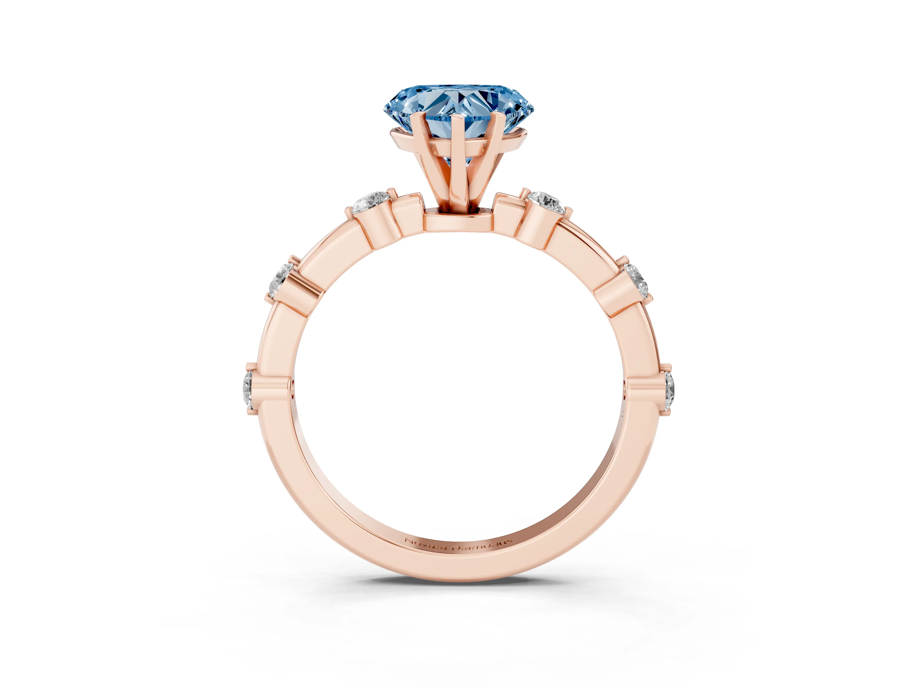 Fancy Blue Heart Cut Diamond Solitaire Ring Set in Rose gold with Bezel Set Side Stones and Prong Setting