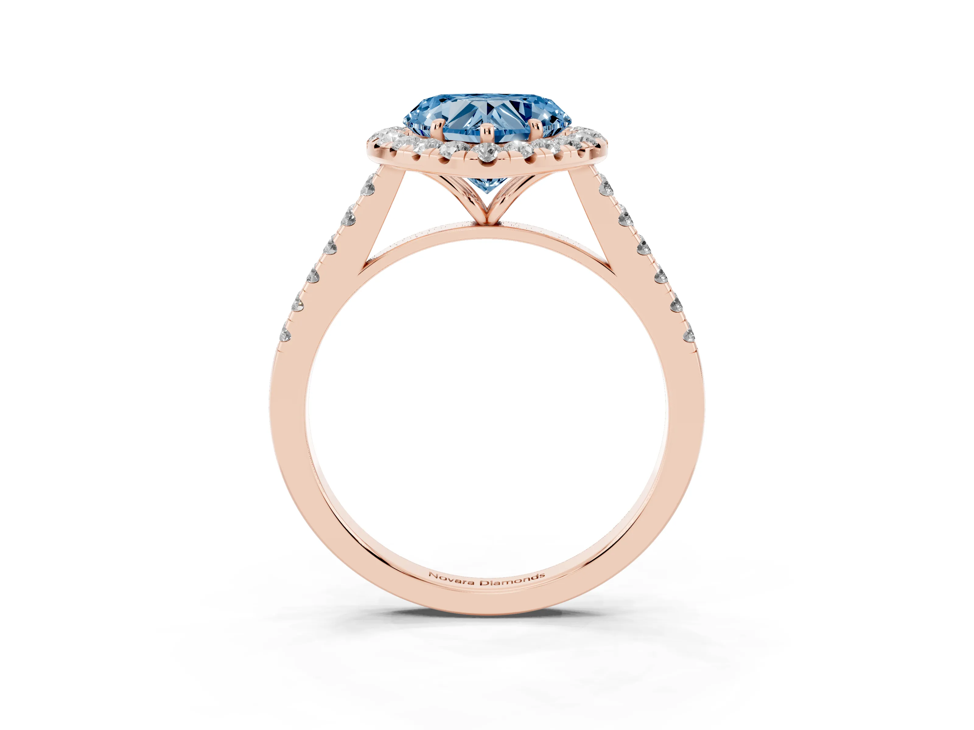 Fancy Blue Heart Cut Diamond Halo Pavé Engagement Ring Set in Rose gold with Prong Setting