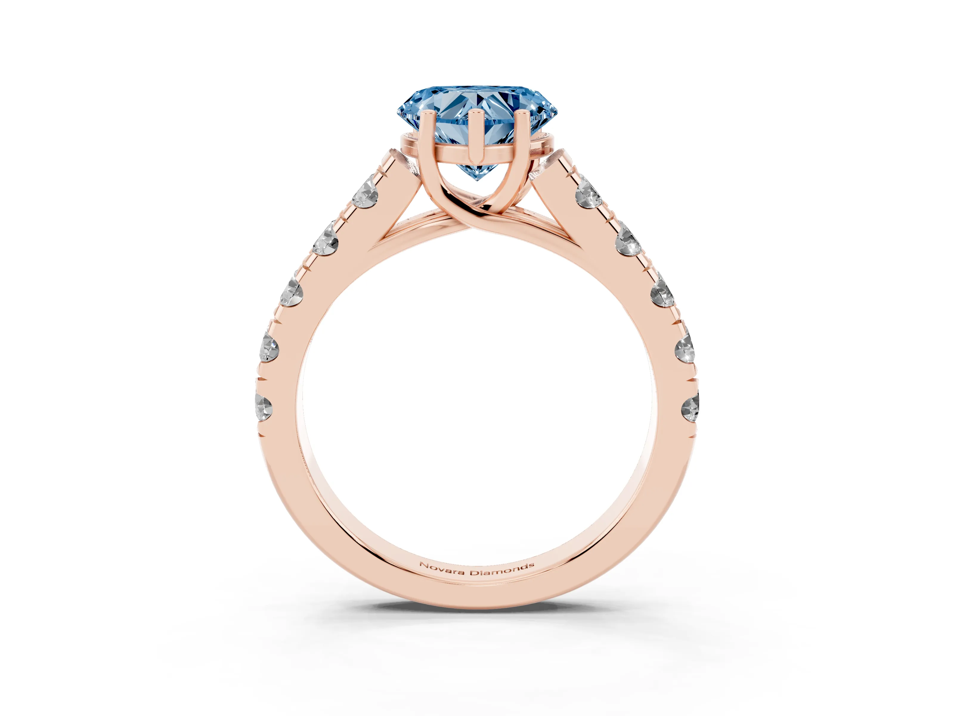 Fancy Blue Heart Cut Diamond Solitaire Ring Set in Rose gold with Cut-Down Micro Pavé Band and Prong Setting