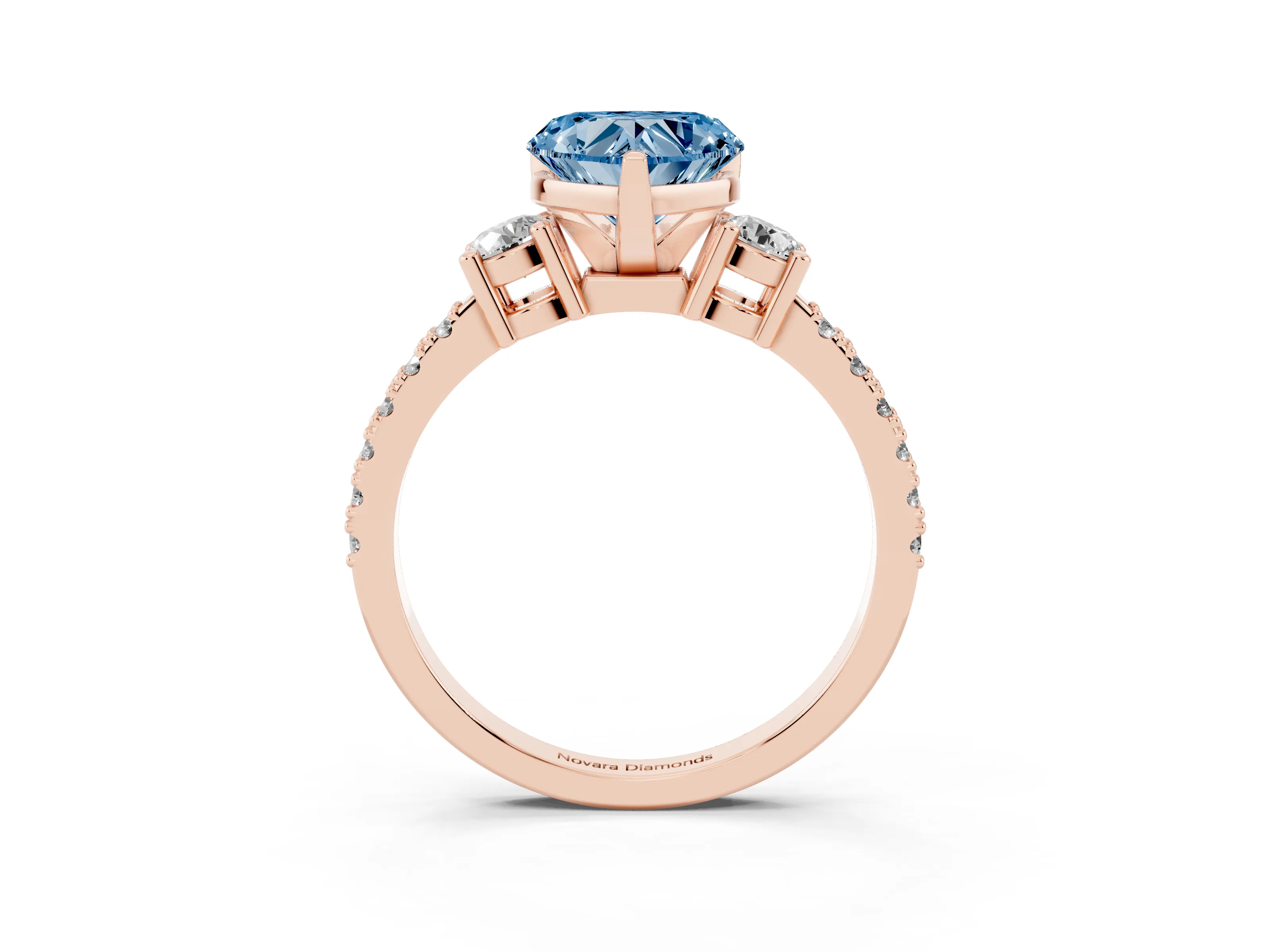 Fancy Blue Three-Stone Heart Cut Diamond Pavé Band Ring Set in Rose gold with Prong Setting