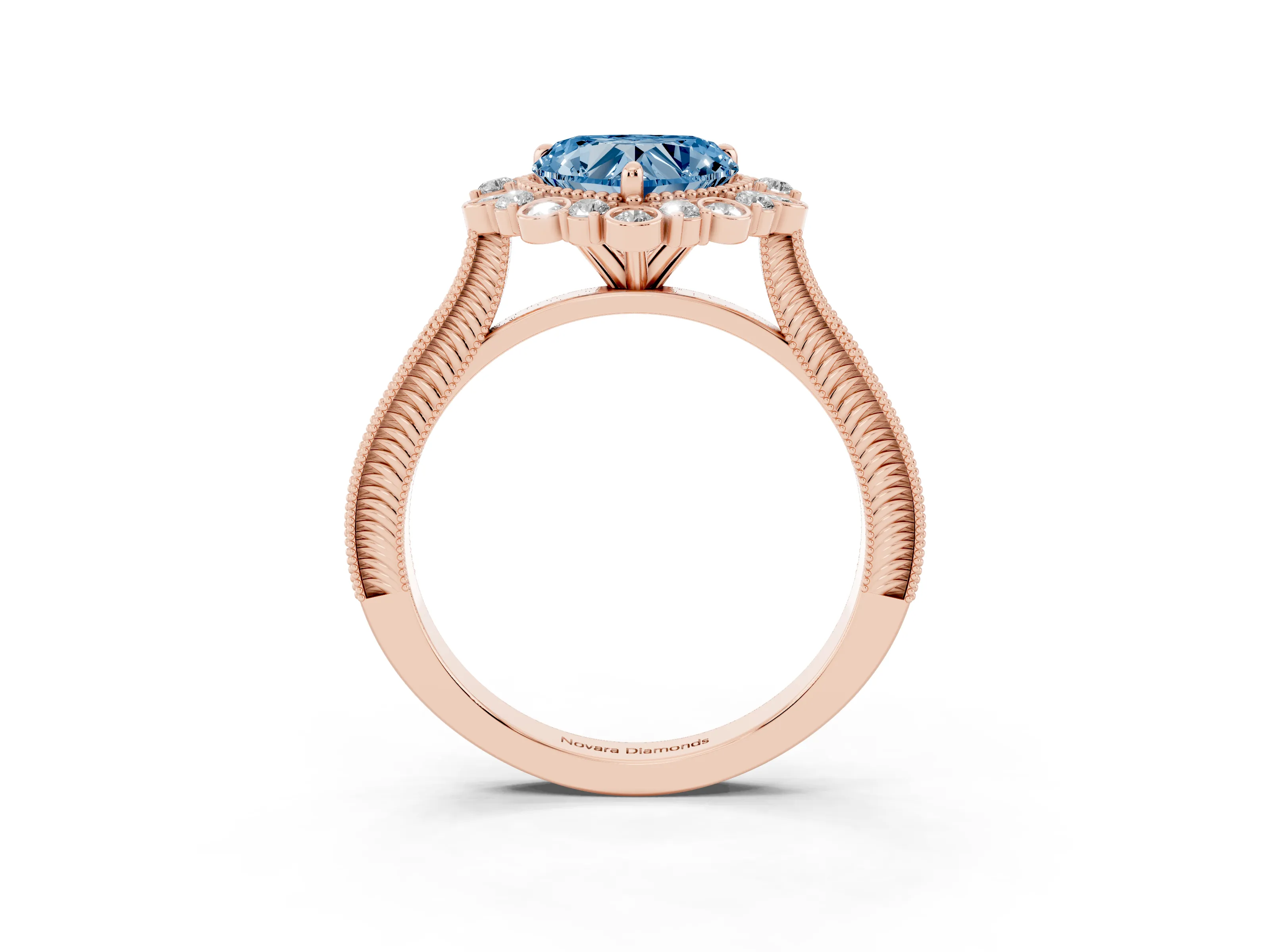 Fancy Blue Heart Cut Diamond Halo Milgrain Pavé Ring Set in Rose gold with Prong Setting