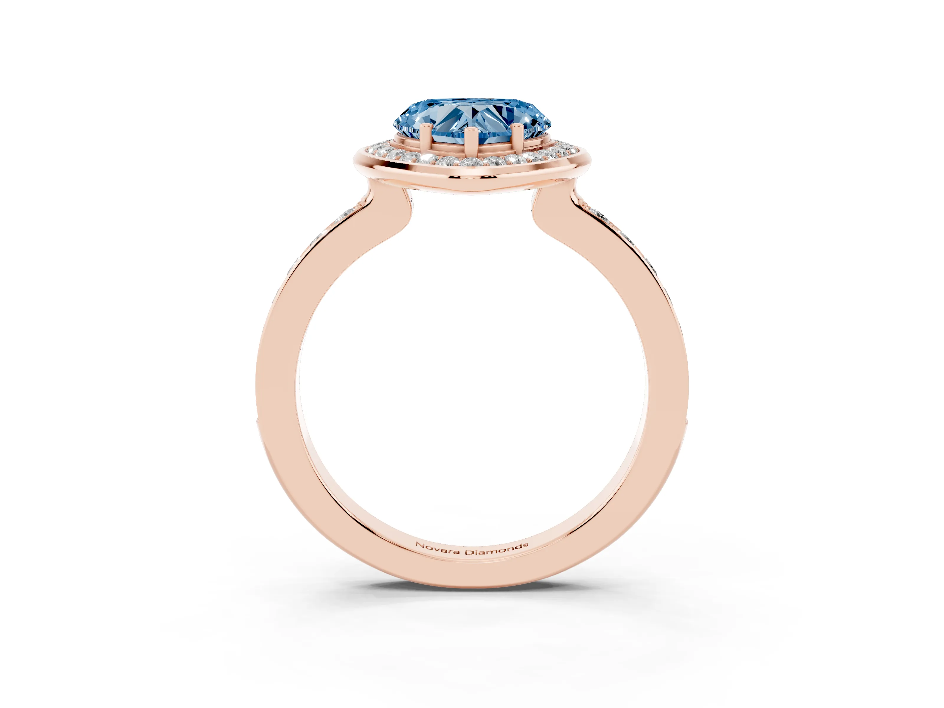 Fancy Blue Heart Cut Diamond Halo Ring Set in Rose gold with Bezel Frame and Pavé Band