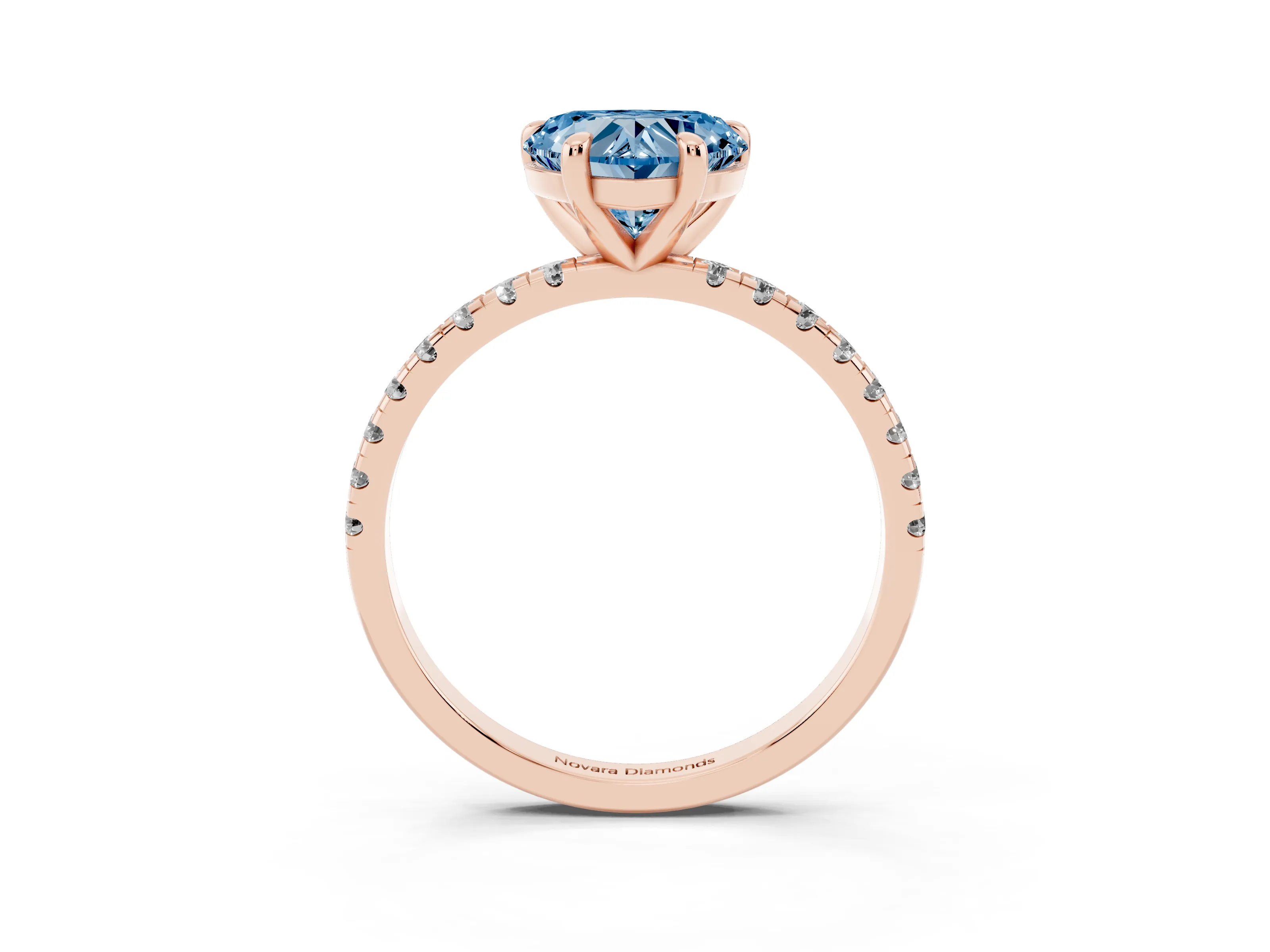 Fancy Blue Heart Cut Diamond Brilliant Solitaire Ring Set in Rose gold with Pavé Band and Prong Setting