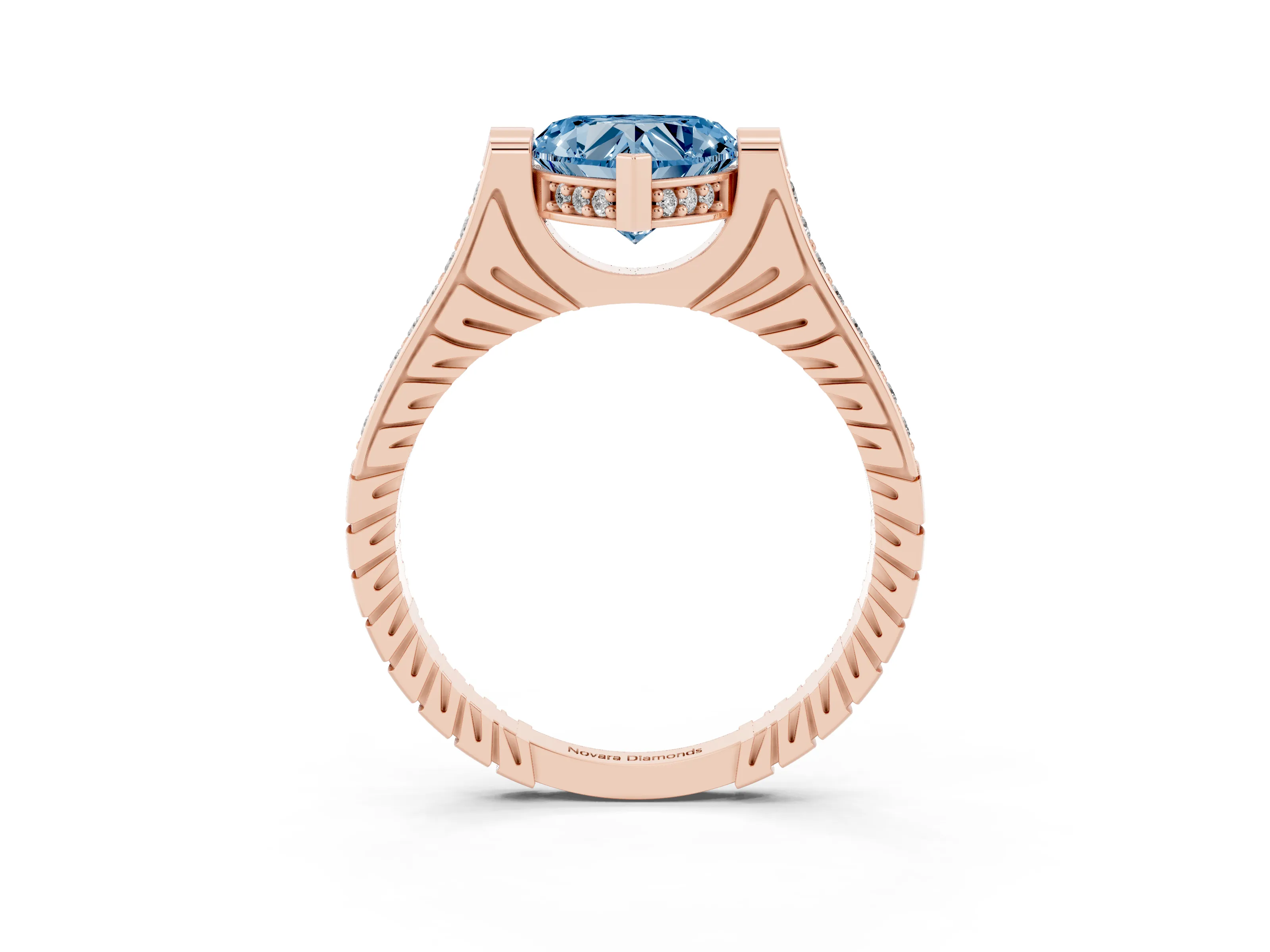 Fancy Blue Heart Cut Diamond Solitaire Ring Set in Rose gold with Channel Set Band and Bezel Prong Setting