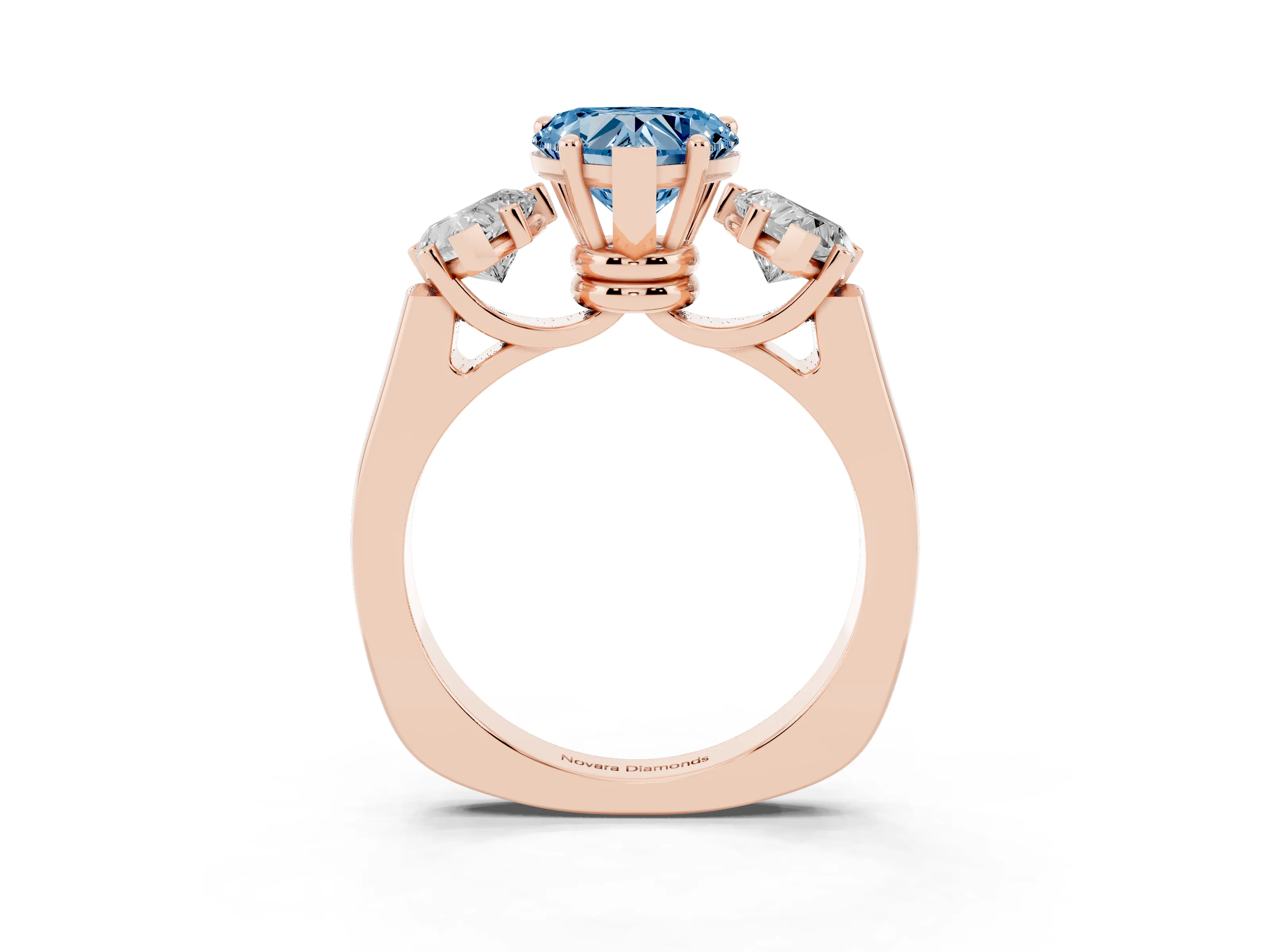 Fancy Blue Heart Cut Diamond Three-Stone Trellis Ring Set in Rose gold with Comfort Fit Band