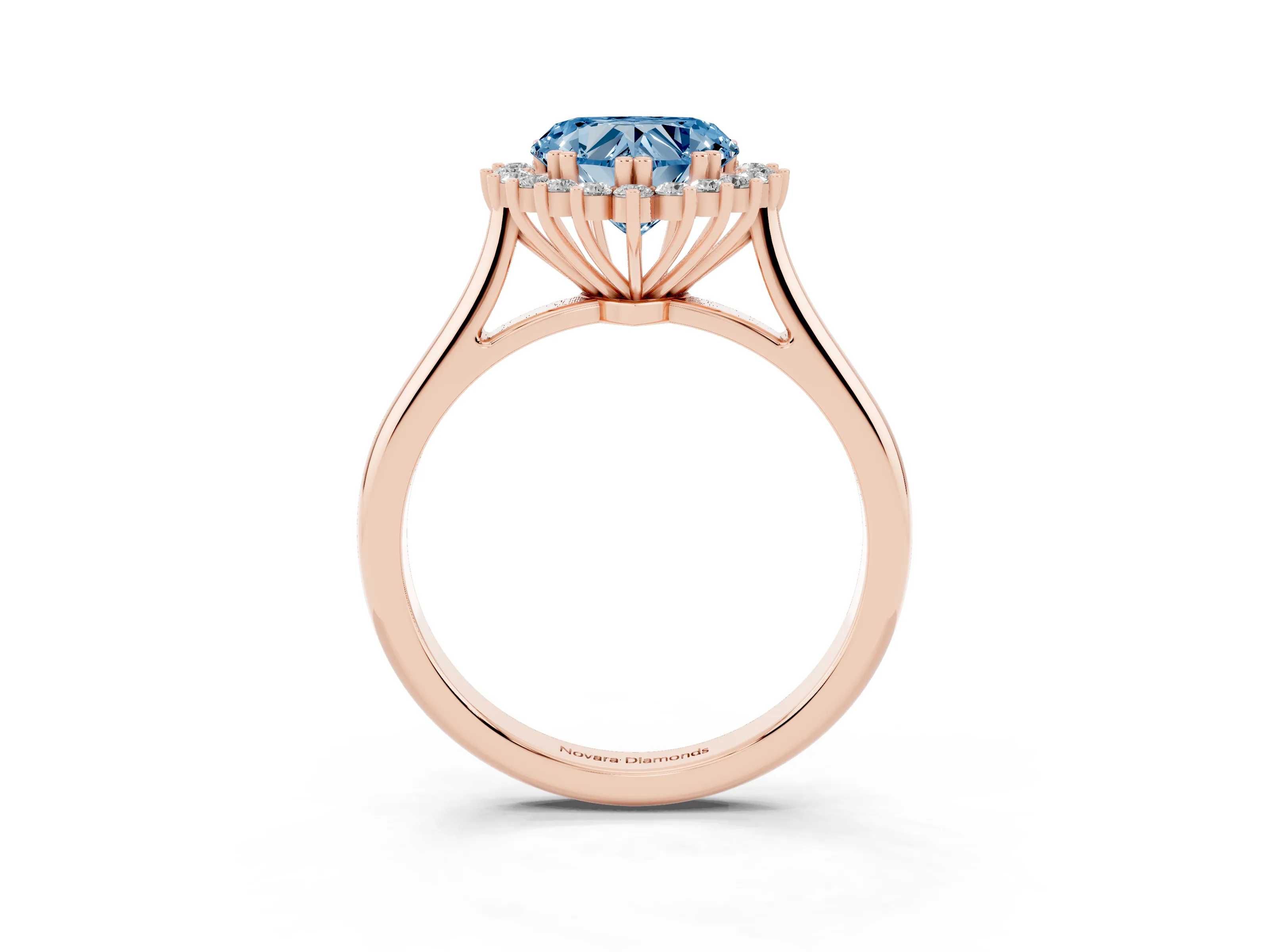 Fancy Blue Heart Cut Diamond Halo Ring Set in Rose gold with Plain Solitaire Band and Prong Setting