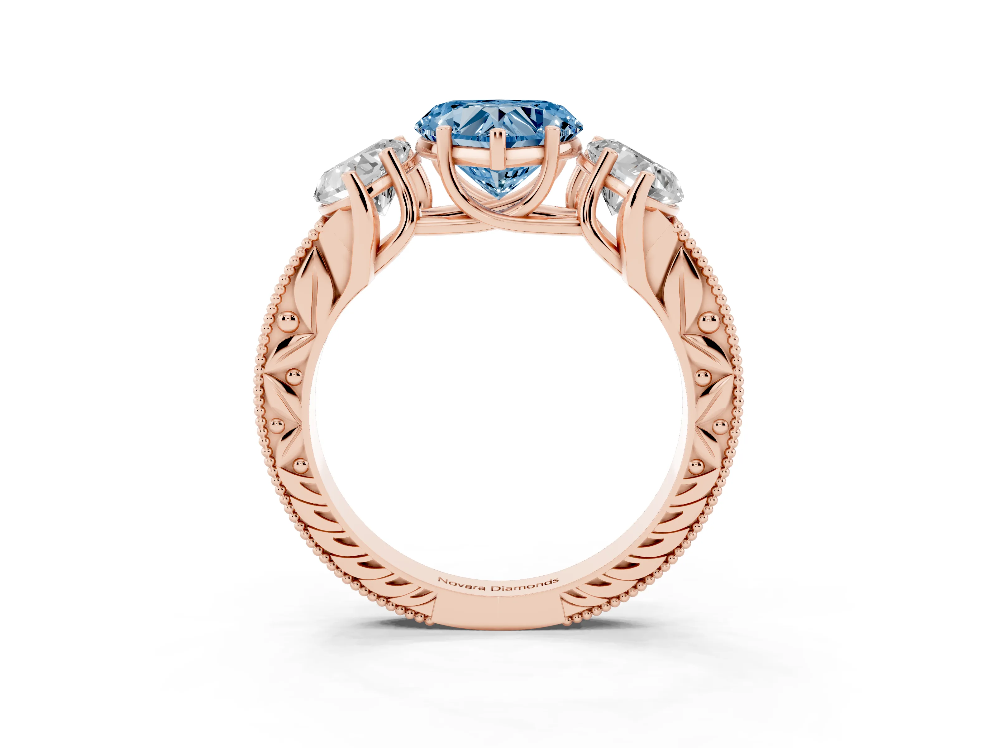 Fancy Blue Heart Cut Diamond Three-Stone Engagement Ring Set in Rose gold with Milgrain Pavé Band