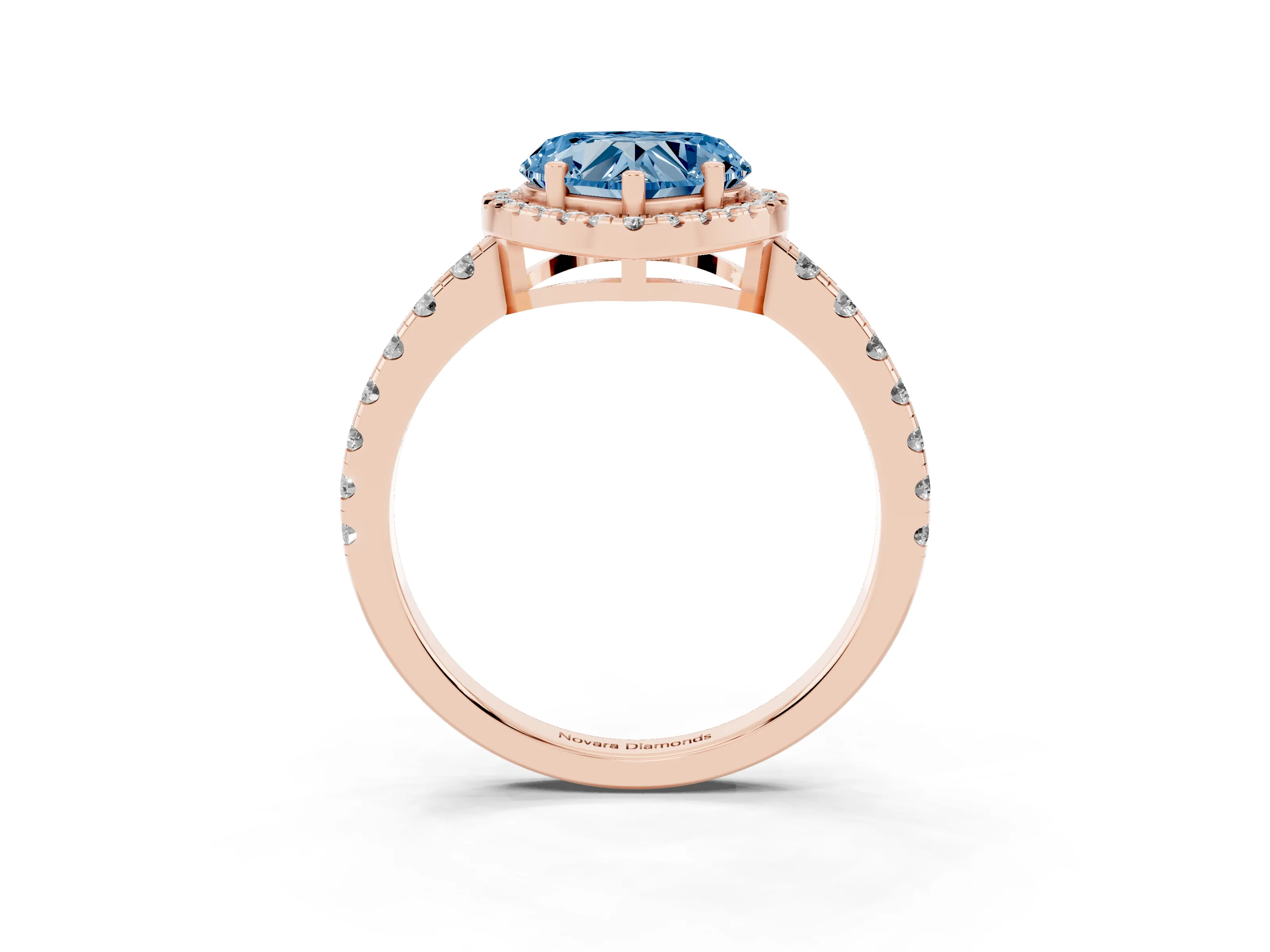 Fancy Blue Heart Cut Diamond Halo Ring Set in Rose gold with Delicate Pavé Band and Prong Setting