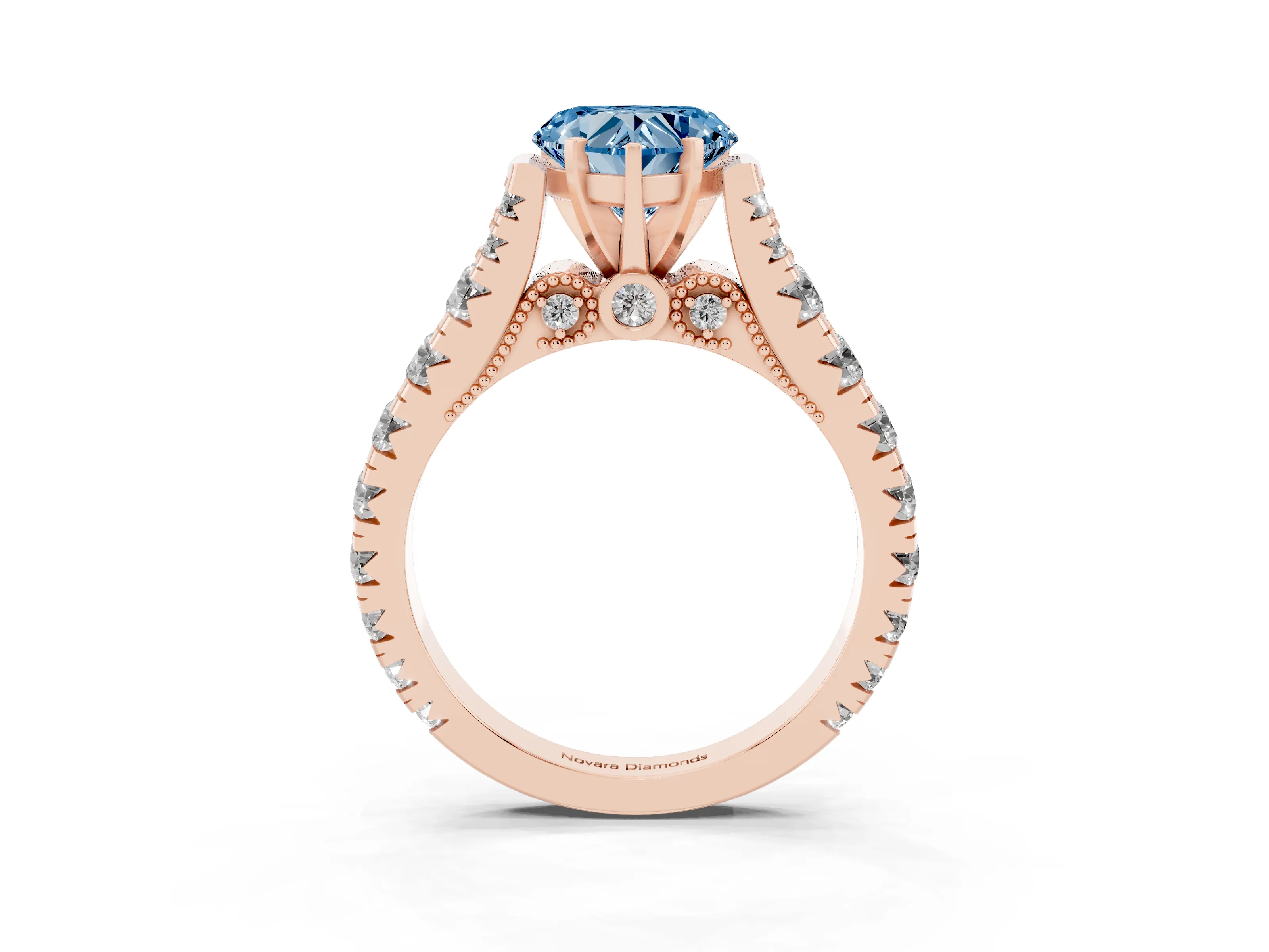 Fancy Blue Heart Cut Diamond Classic Solitaire Ring Set in Rose gold with Pavé Band and Prong Setting