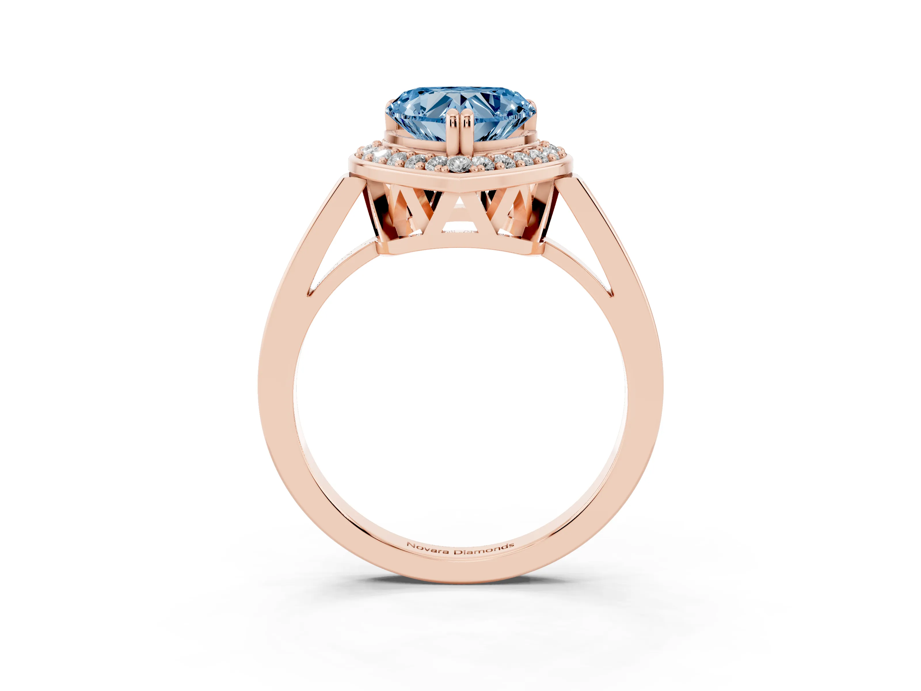 Fancy Blue Heart Cut Diamond Halo Ring Set in Rose gold with Accent-Lined Split Shank and Prong Setting