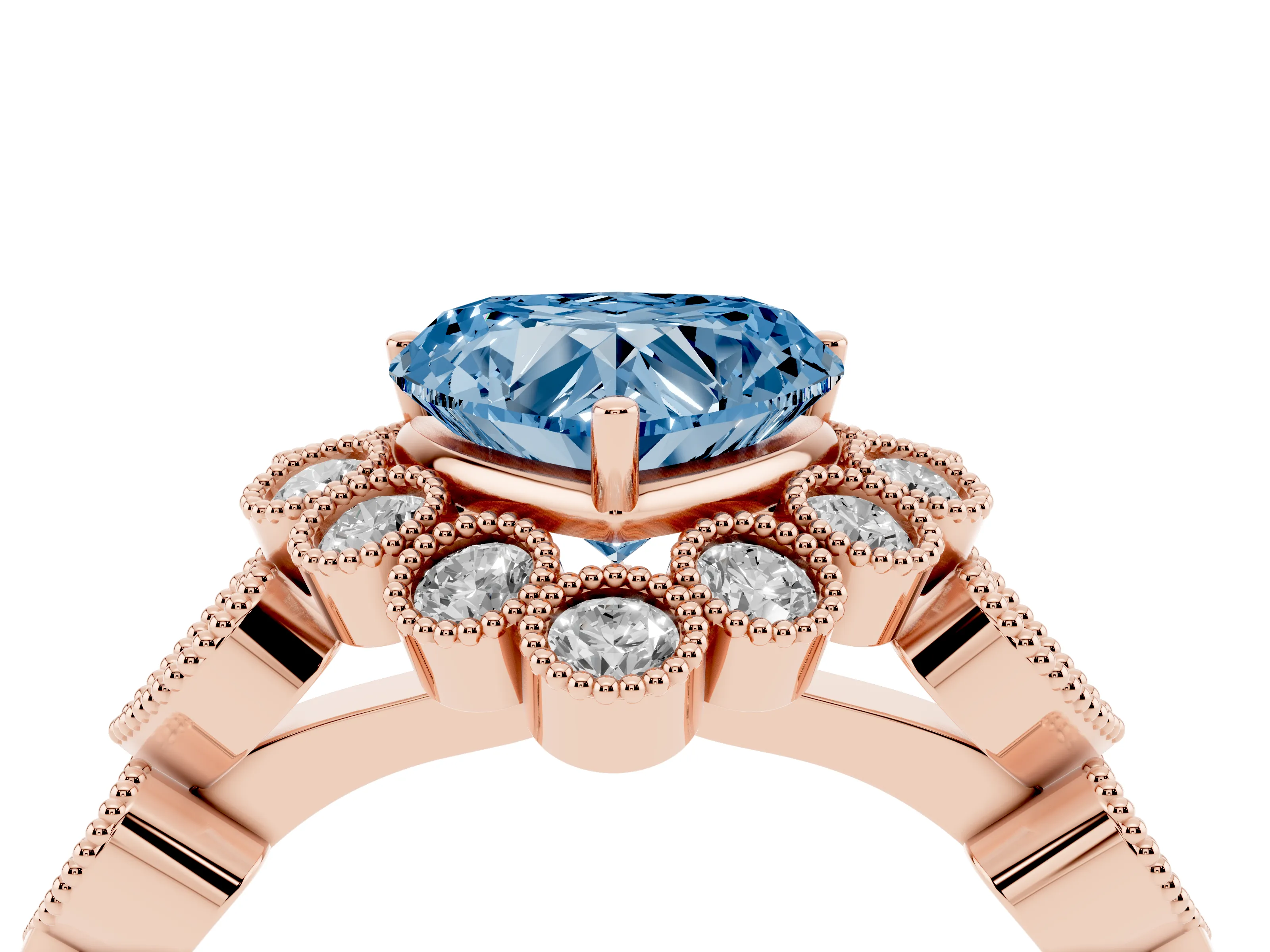 Fancy Blue Heart Cut Diamond Solitaire Ring Set in Rose gold with Milgrain Pavé Heart Band