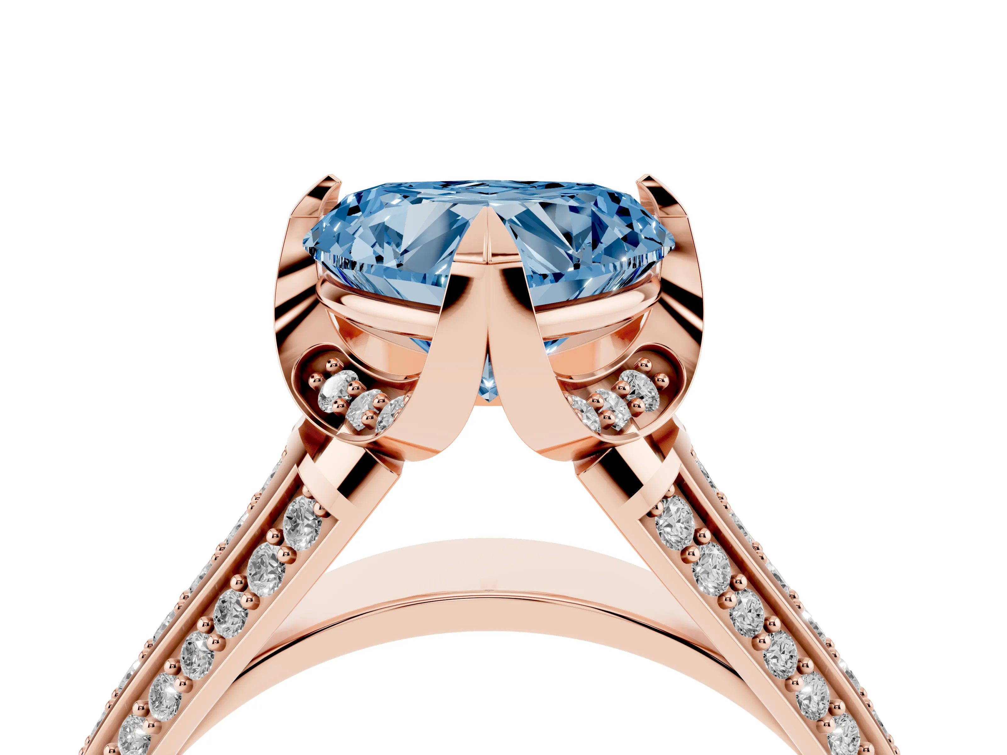 Fancy Blue Heart Cut Diamond Pavé Split Shank Solitaire Ring Set in Rose gold with Prong Setting