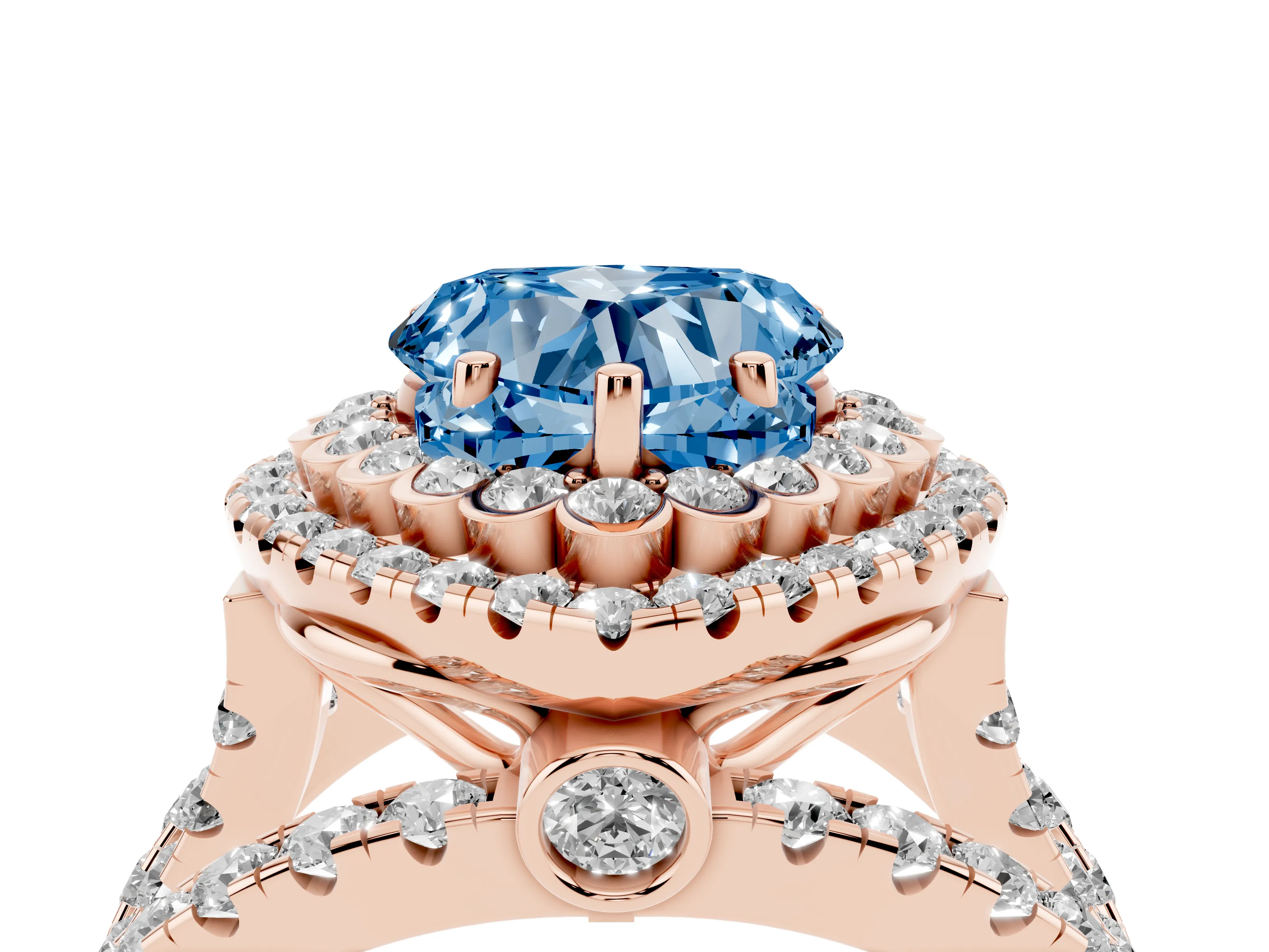 Fancy Blue Heart Cut Diamond Double Halo Ring Set in Rose gold with Round Pavé Split Shank