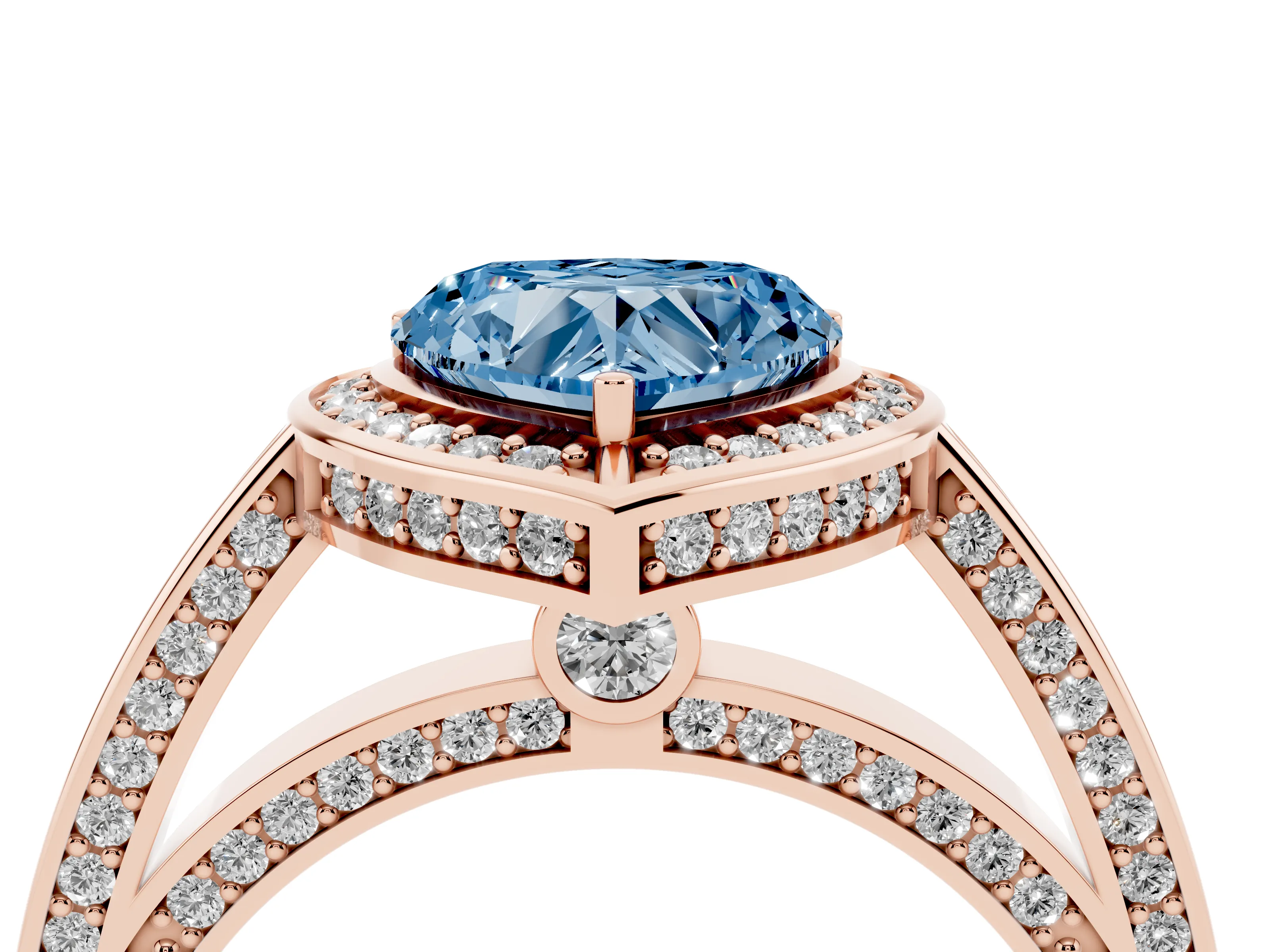 Fancy Blue Heart Cut Diamond Halo Pavé Split Shank Ring Set in Rose gold with Prong Setting