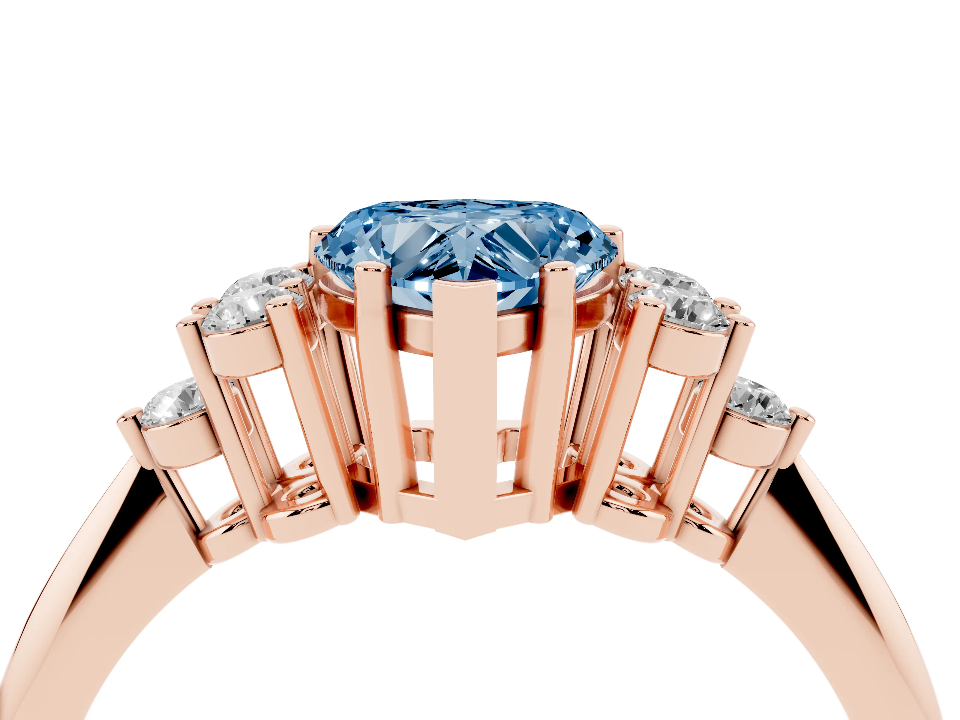 Fancy Blue Heart Cut Diamond Cluster Ring Set in Rose gold with Plain Band and Prong Setting