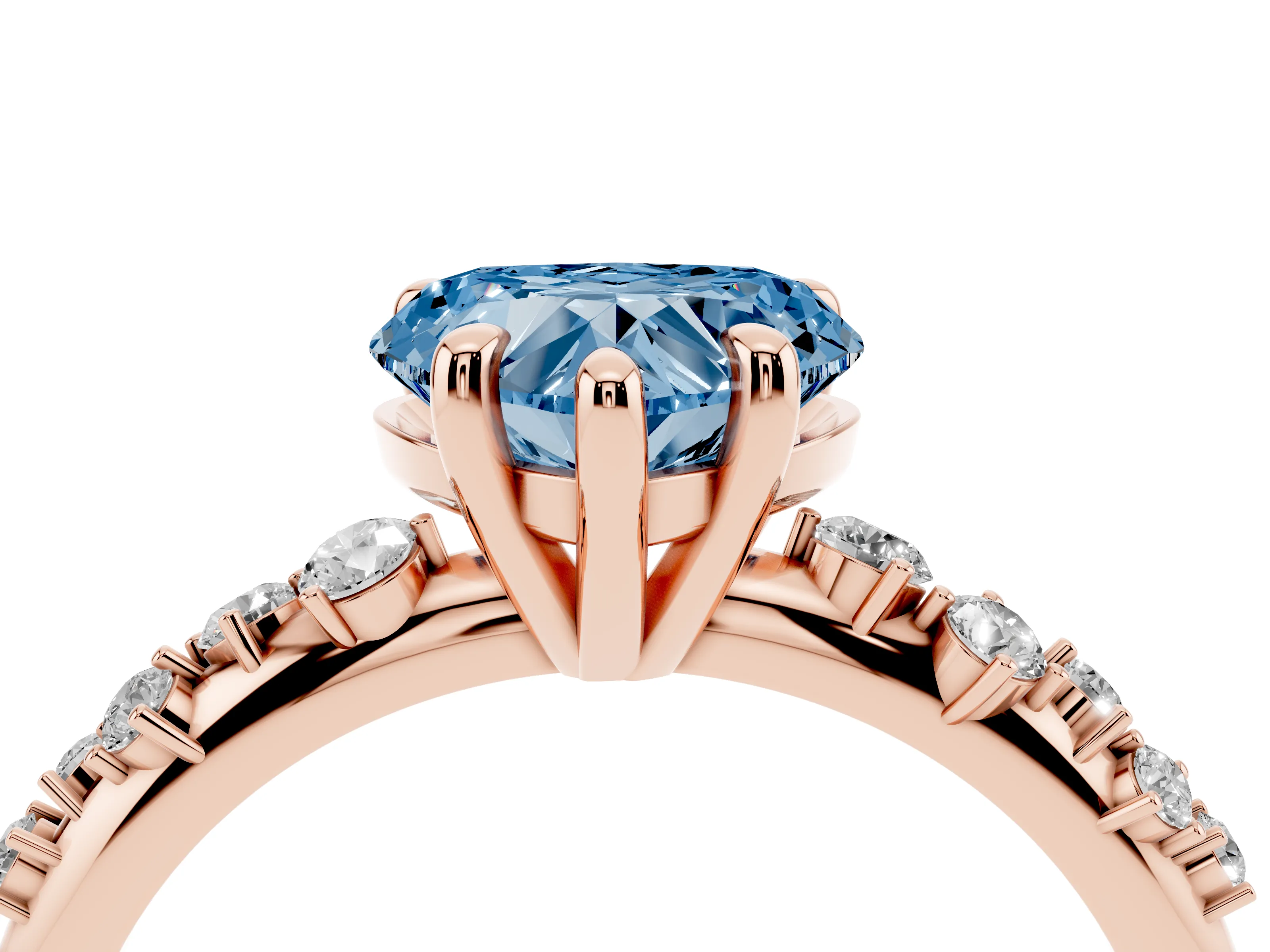 Fancy Blue Heart Cut Diamond Solitaire Vine Band Ring Set in Rose gold with Round Accents and Prong Setting