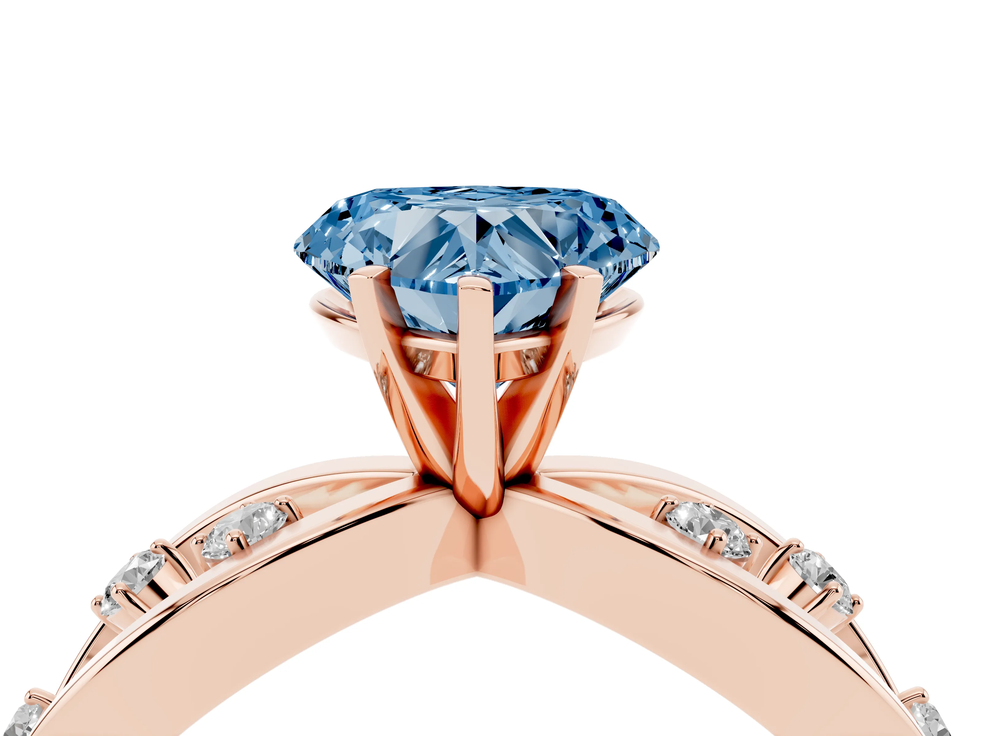 Fancy Blue Heart Cut Diamond Solitaire Ring Set in Rose gold with Side Stones on Criss-Cross Band and Prong Setting