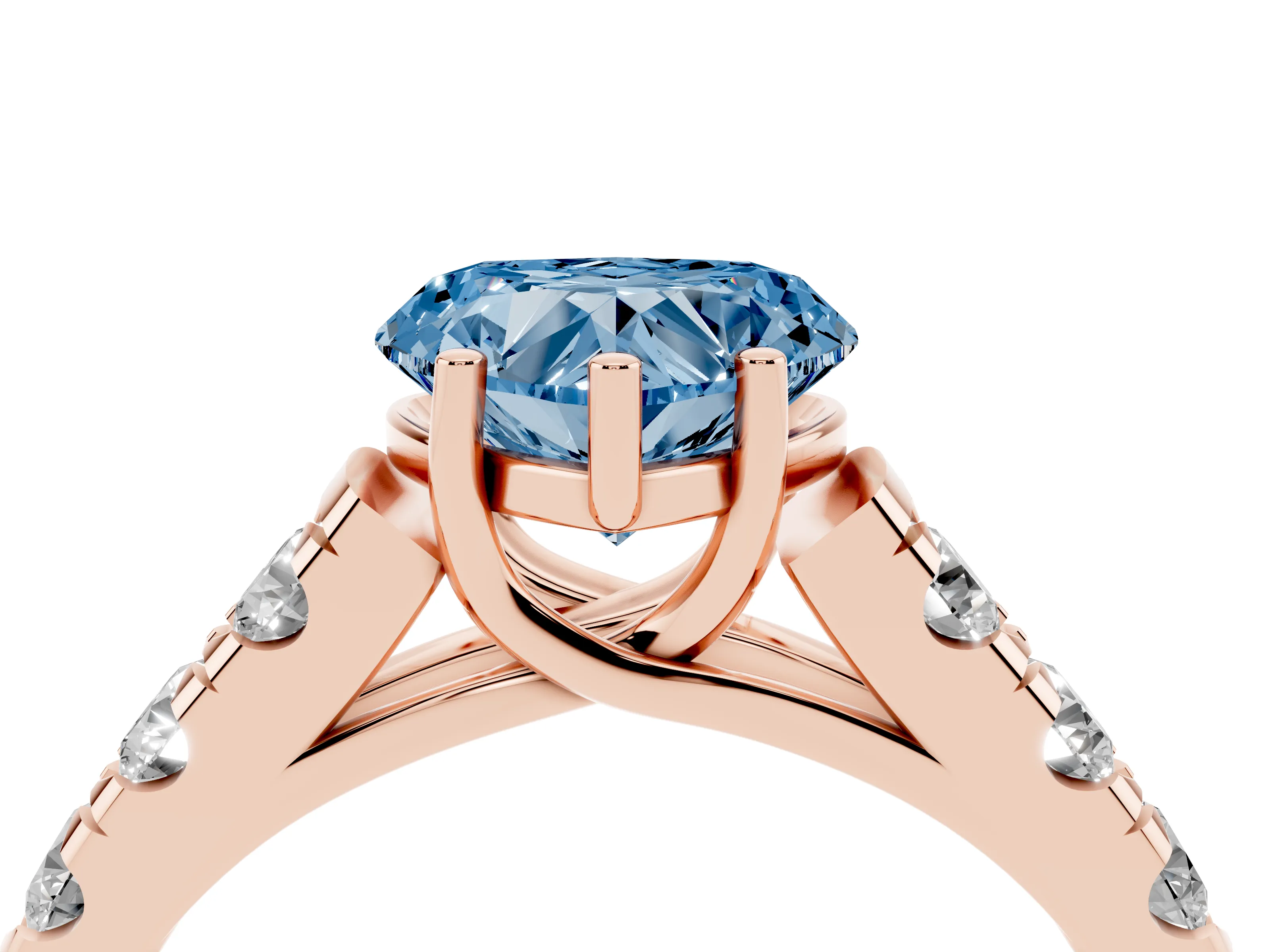 Fancy Blue Heart Cut Diamond Solitaire Ring Set in Rose gold with Cut-Down Micro Pavé Band and Prong Setting