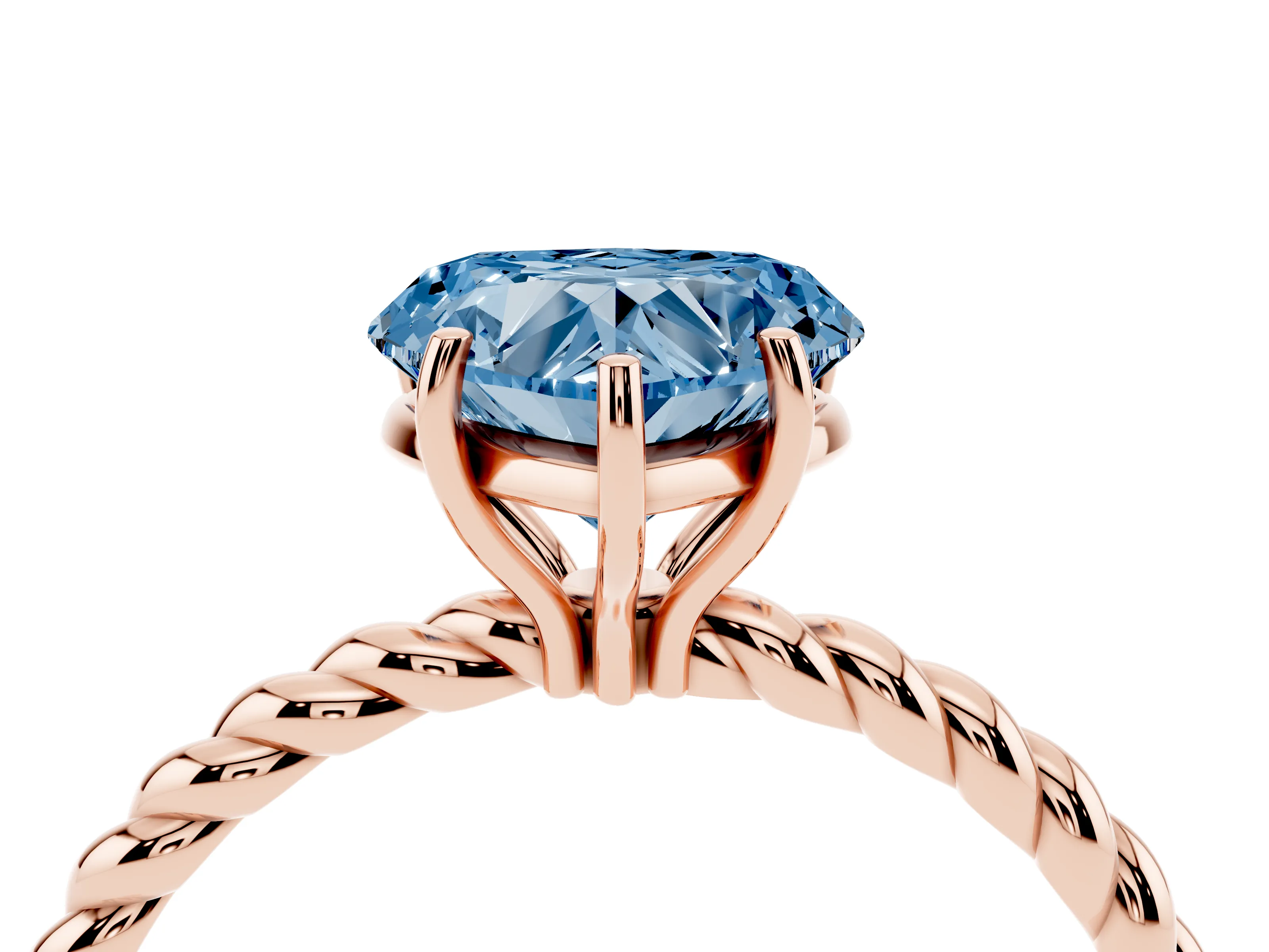 Fancy Blue Heart Cut Diamond Solitaire Ring Set in Rose gold with Twist Band and Prong Setting