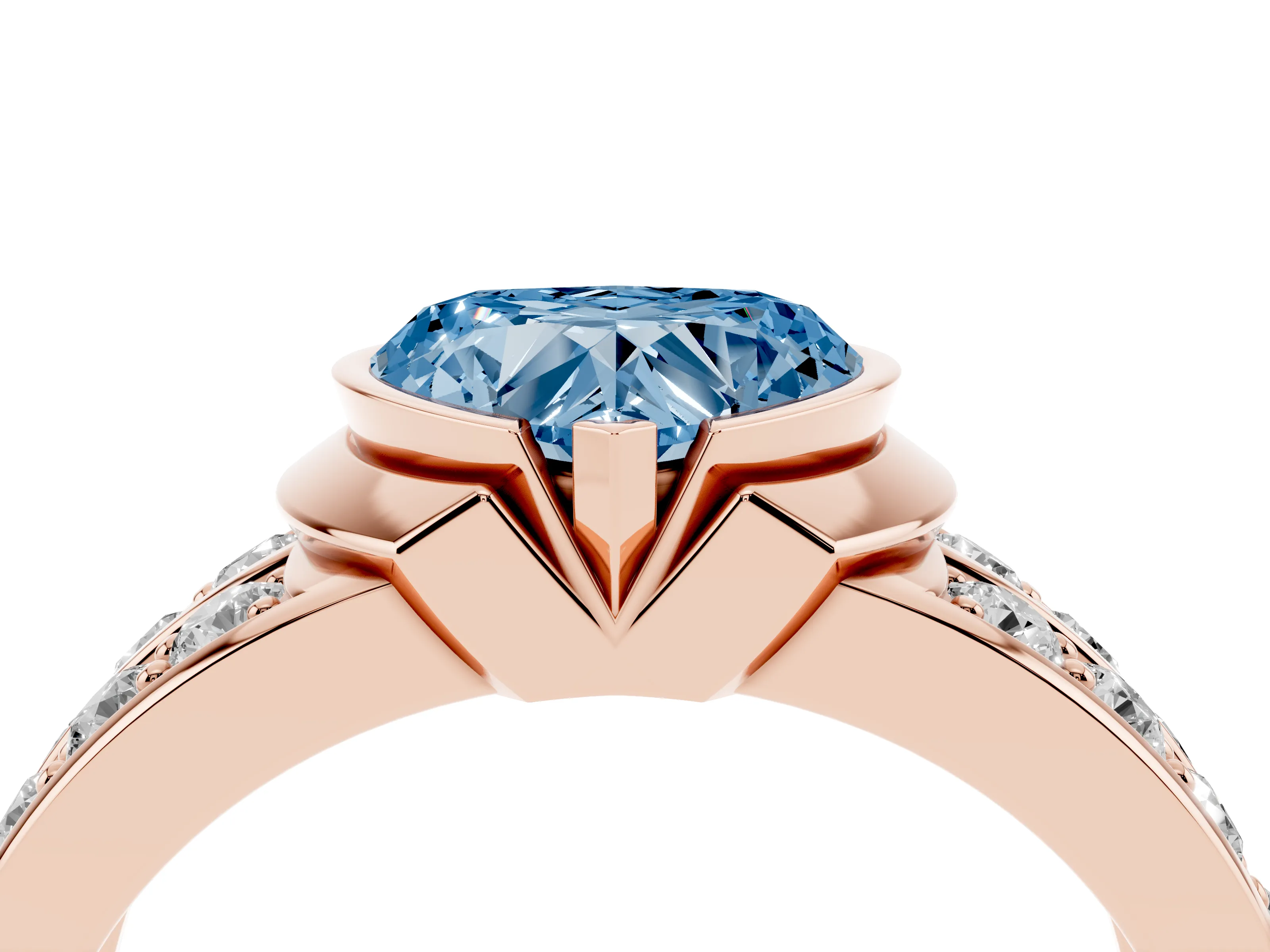 Fancy Blue Heart Cut Diamond Wide Channel Set Band Ring Set in Rose gold with Bezel Setting