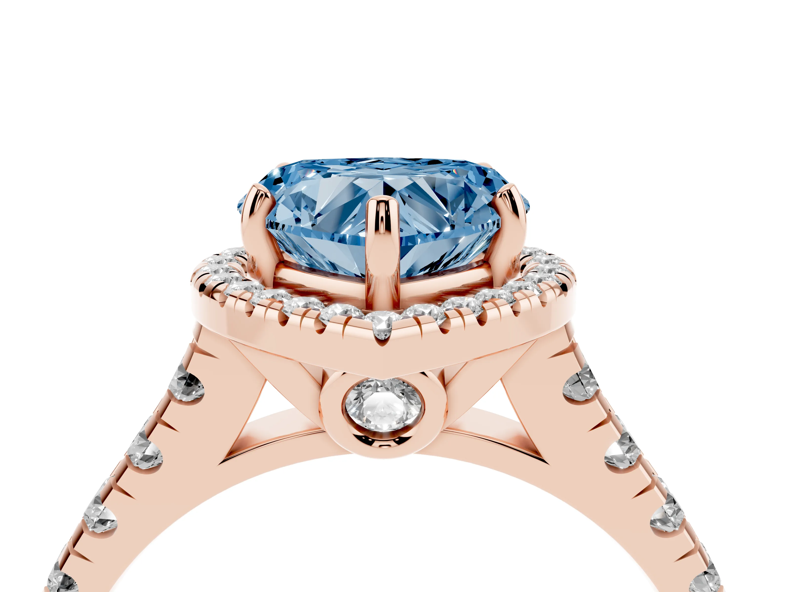Fancy Blue Heart Cut Diamond Halo Engagement Ring Set in Rose gold with Pavé Band and Prong-Set Center