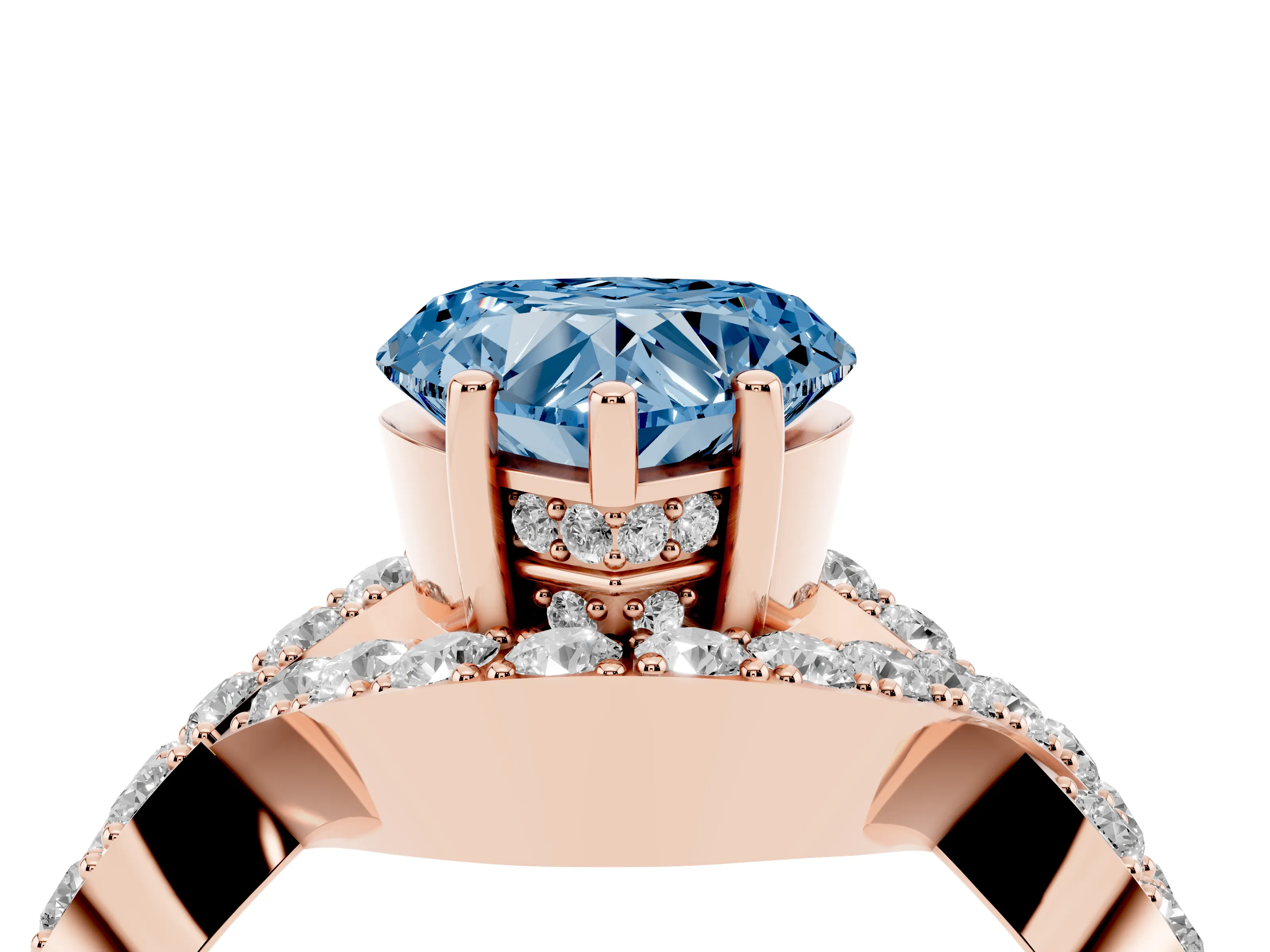 Fancy Blue Heart Cut Diamond Solitaire Twist Band Pavé Engagement Ring Set in Rose gold