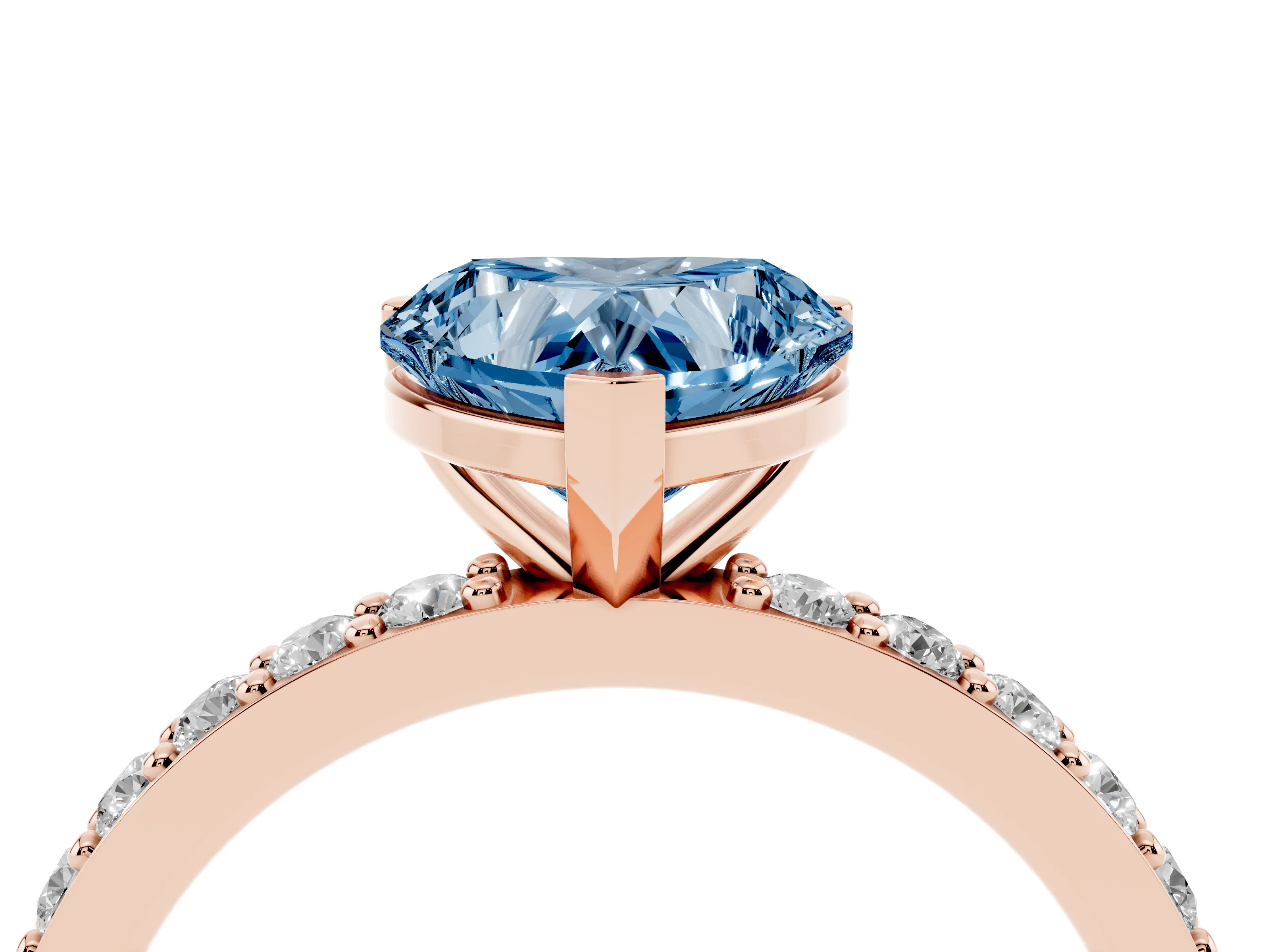 Fancy Blue Heart Cut Diamond Solitaire Set in Rose gold with Round Pavé Band and Prong Setting