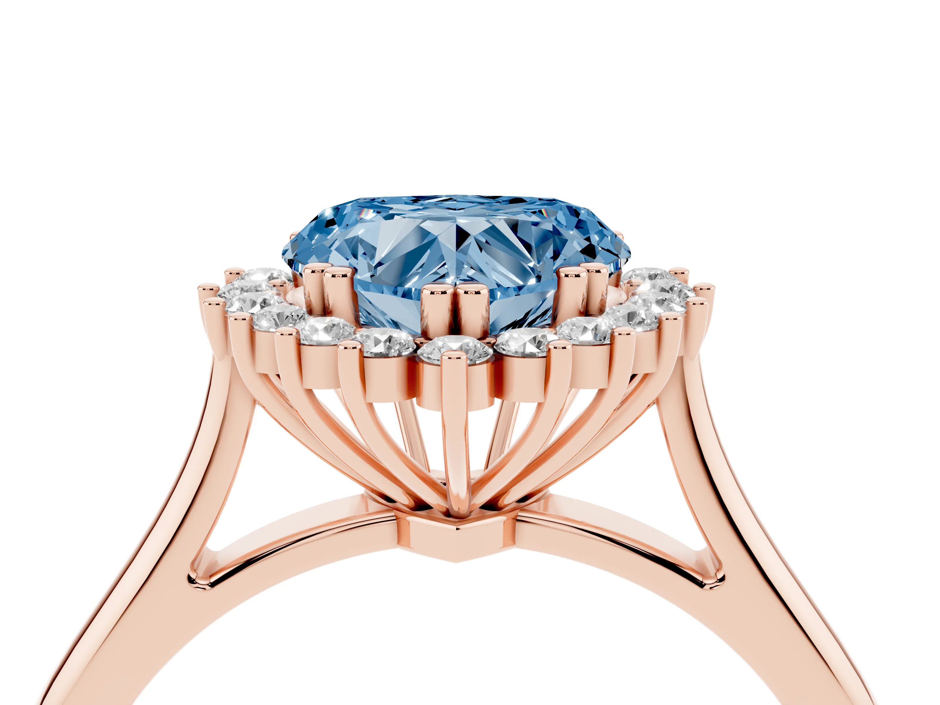 Fancy Blue Heart Cut Diamond Halo Ring Set in Rose gold with Plain Solitaire Band and Prong Setting