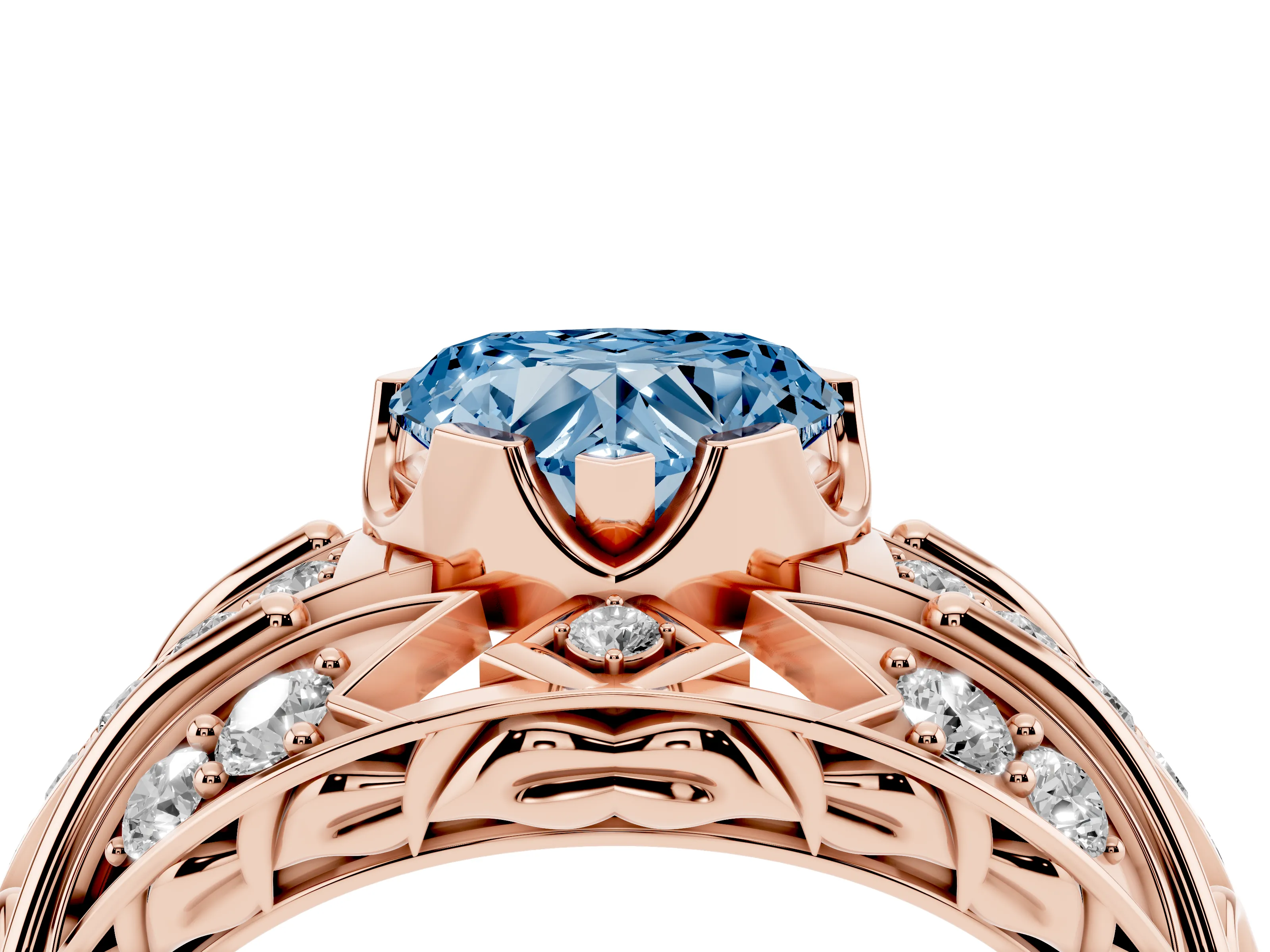 Fancy Blue Heart Cut Diamond Art Deco Ring Set in Rose gold with Pavé Split Shank