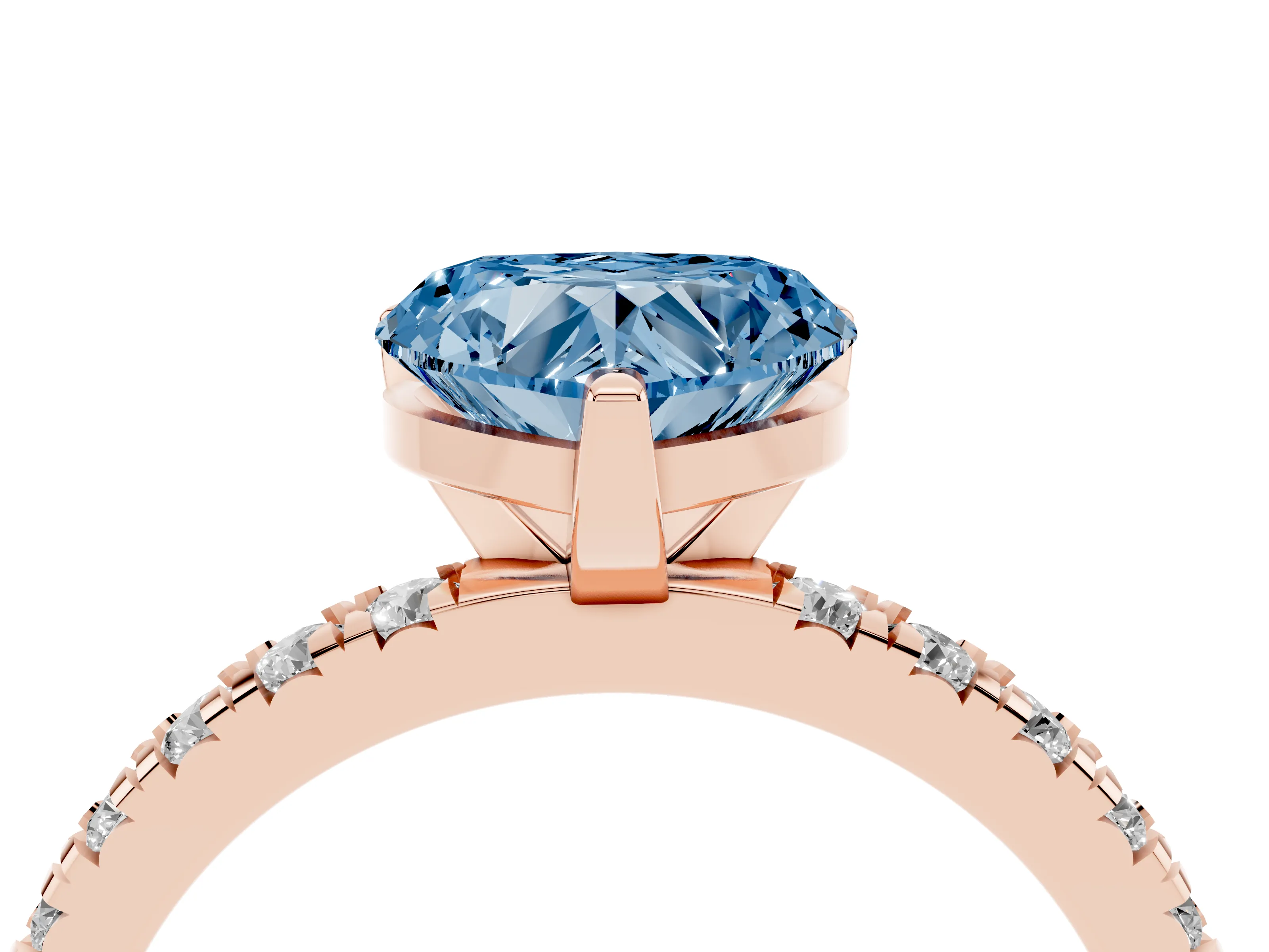 Fancy Blue Heart Cut Diamond Pavé Band Solitaire Set in Rose gold with Prong Setting