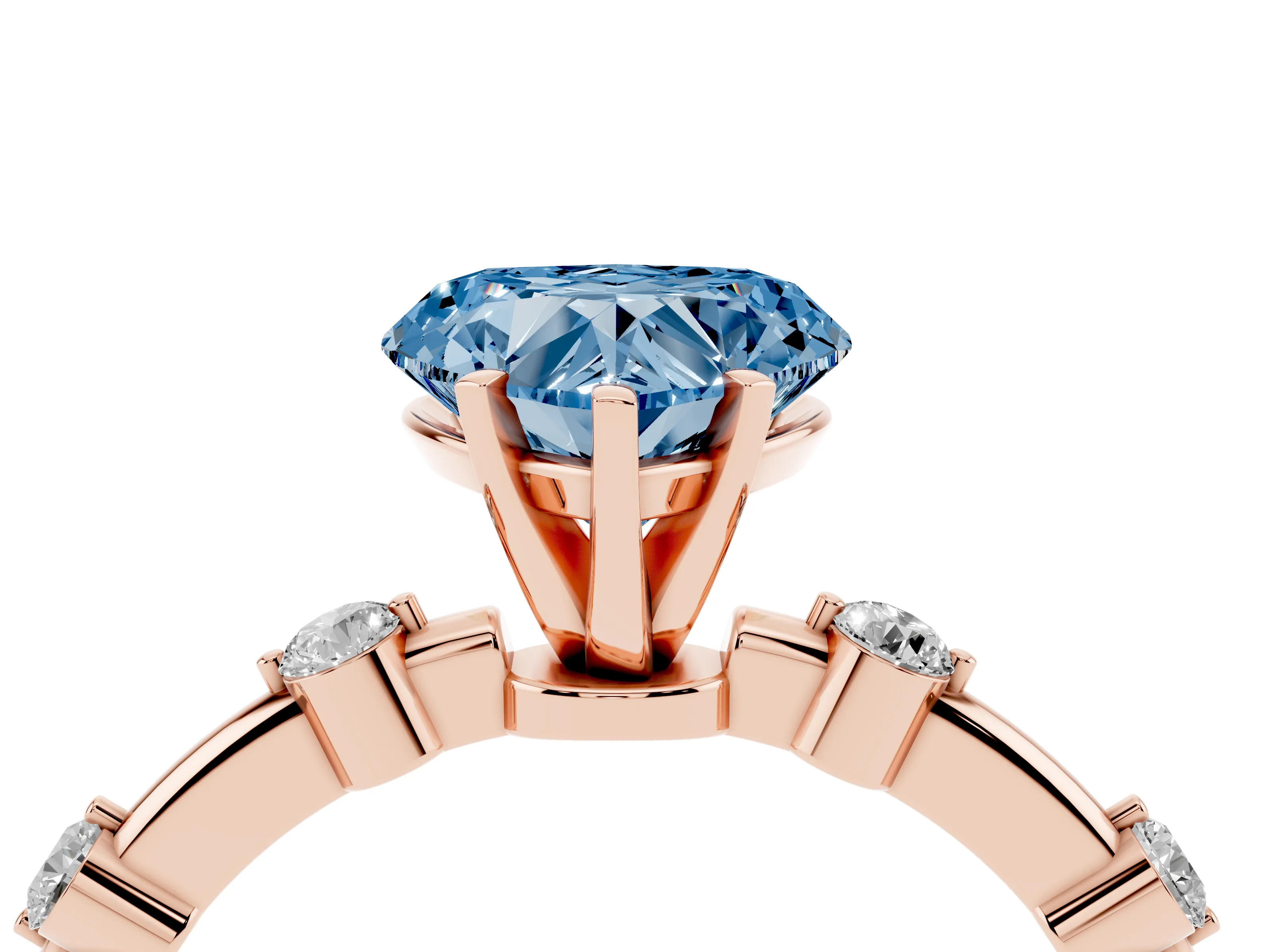 Fancy Blue Heart Cut Diamond Solitaire Ring Set in Rose gold with Bezel Set Side Stones and Prong Setting