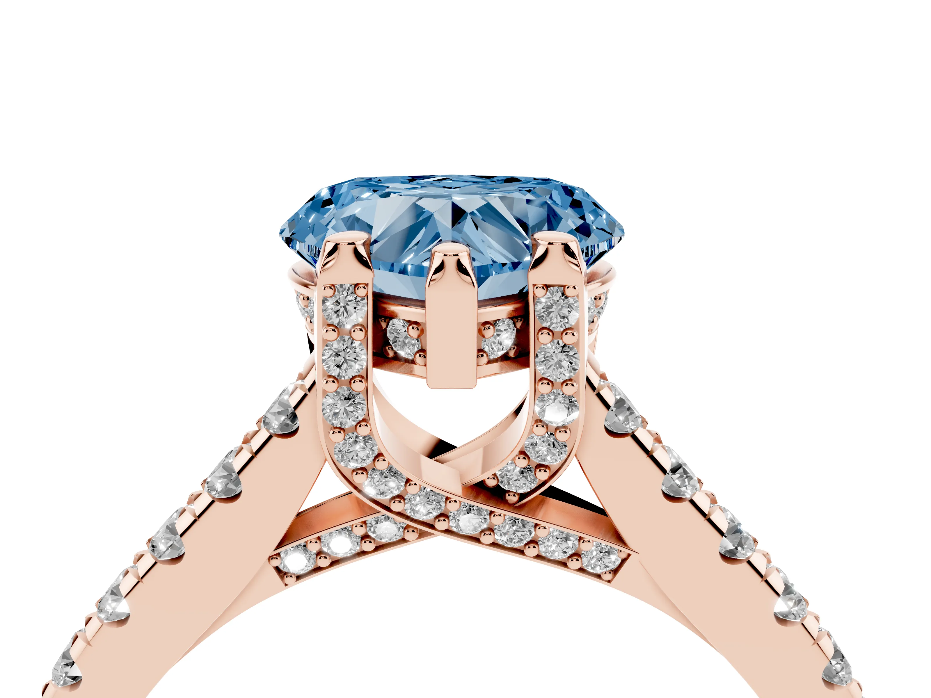 Fancy Blue Heart Cut Diamond Solitaire Ring Set in Rose gold with Brilliant Pavé Band and Prong Setting