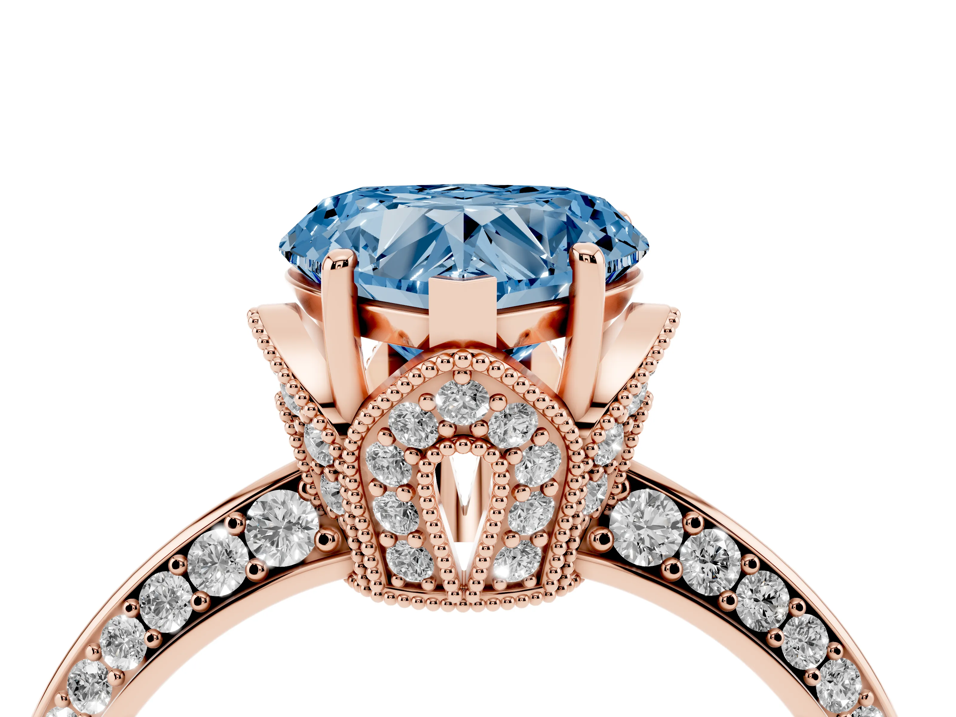 Fancy Blue Heart Cut Diamond Solitaire Engagement Ring Set in Rose gold with Pavé Split Shank and Prong Setting