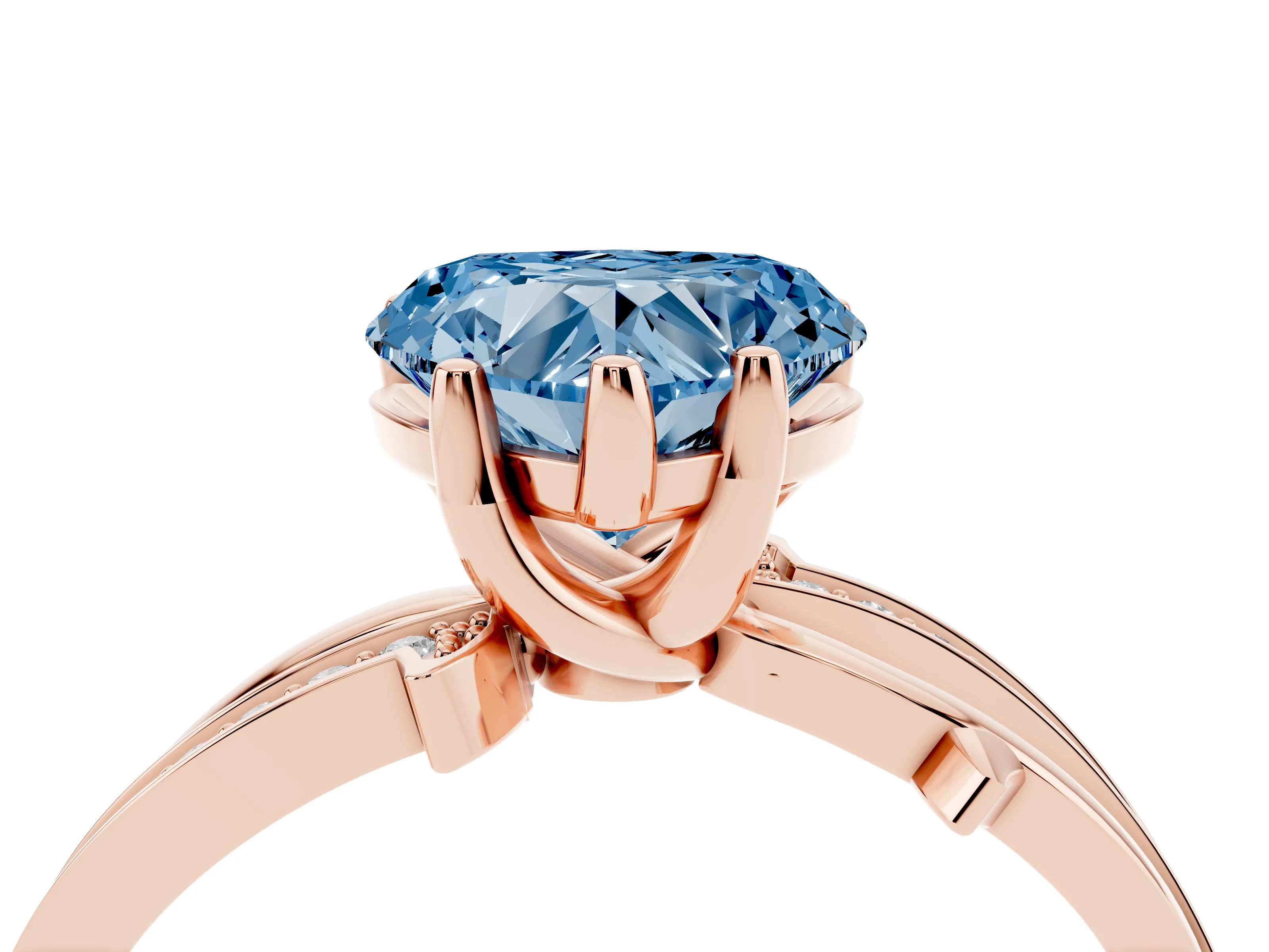 Fancy Blue Heart Cut Diamond Pavé Twist Band Solitaire Ring Set in Rose gold with Prong Setting