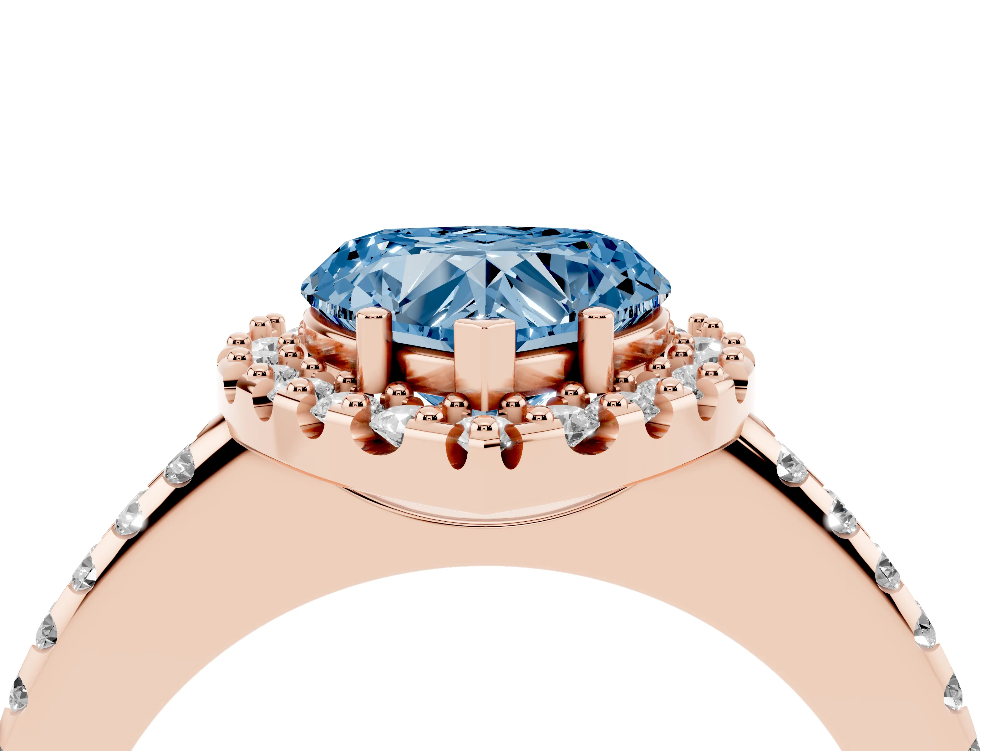 Fancy Blue Heart Cut Diamond Pavé Halo Ring Set in Rose gold with Prong Setting