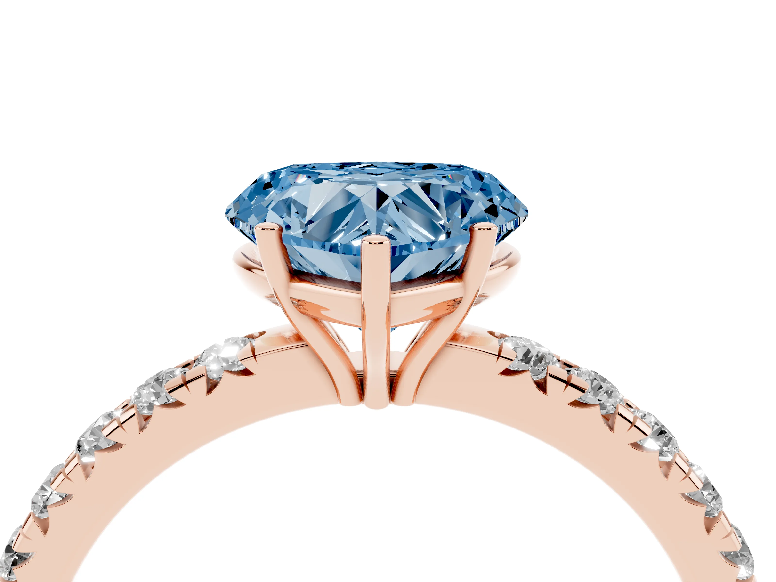 Fancy Blue Heart Cut Diamond Pavé Solitaire Engagement Ring Set in Rose gold with Prong Setting