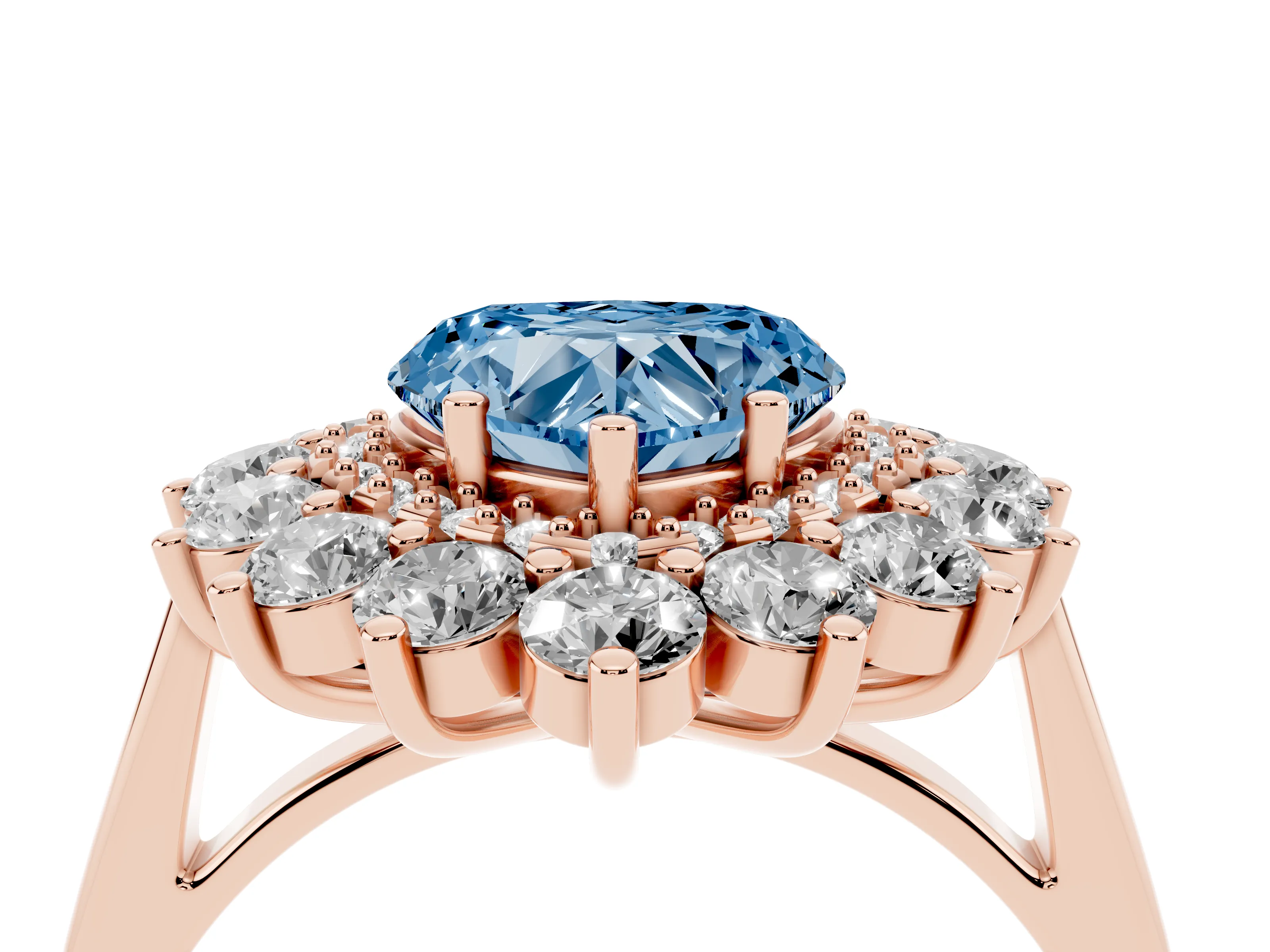 Fancy Blue Heart Cut Diamond Floral Double Halo Ring Set in Rose gold with Round Petals