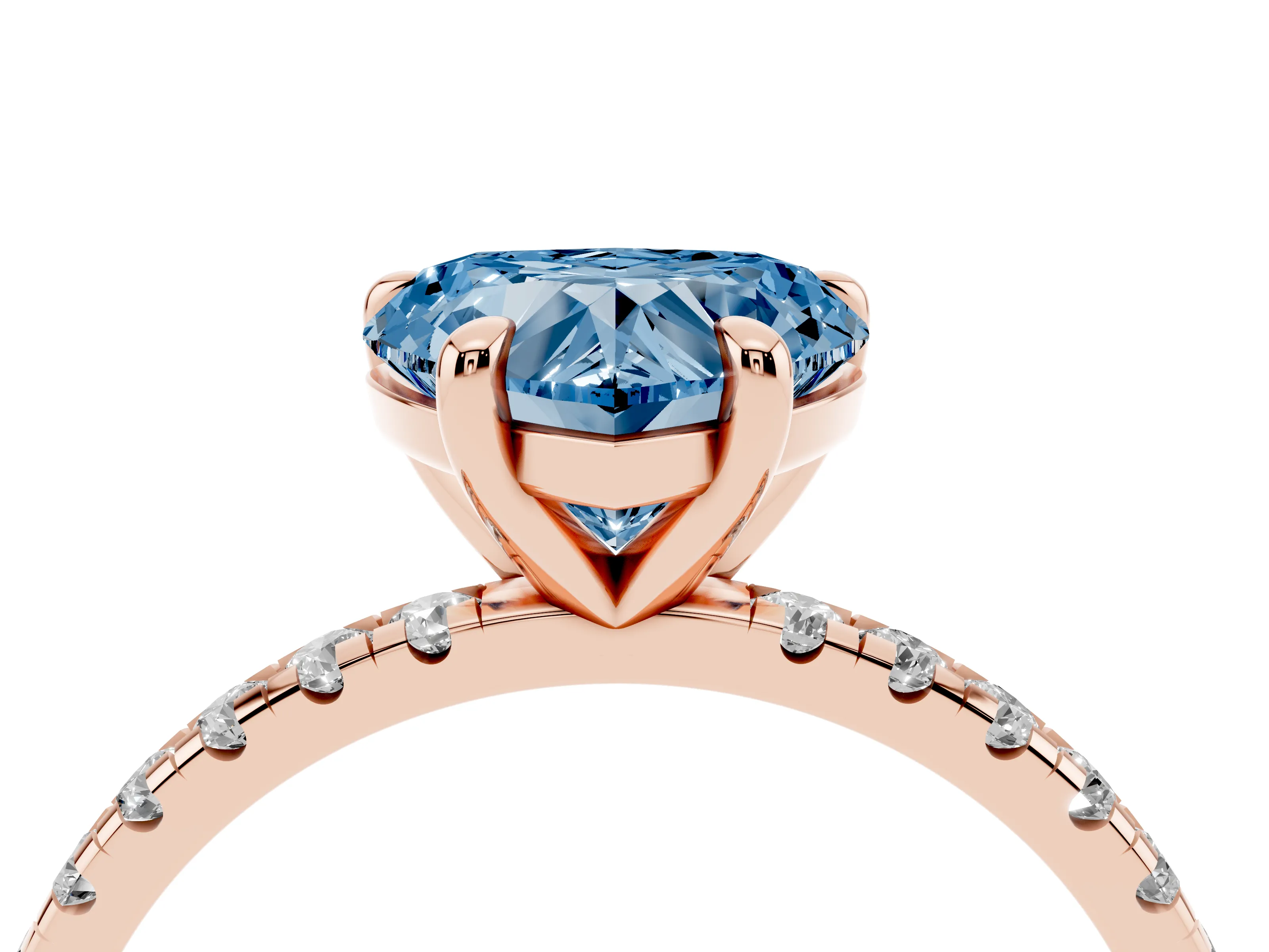 Fancy Blue Heart Cut Diamond Brilliant Solitaire Ring Set in Rose gold with Pavé Band and Prong Setting